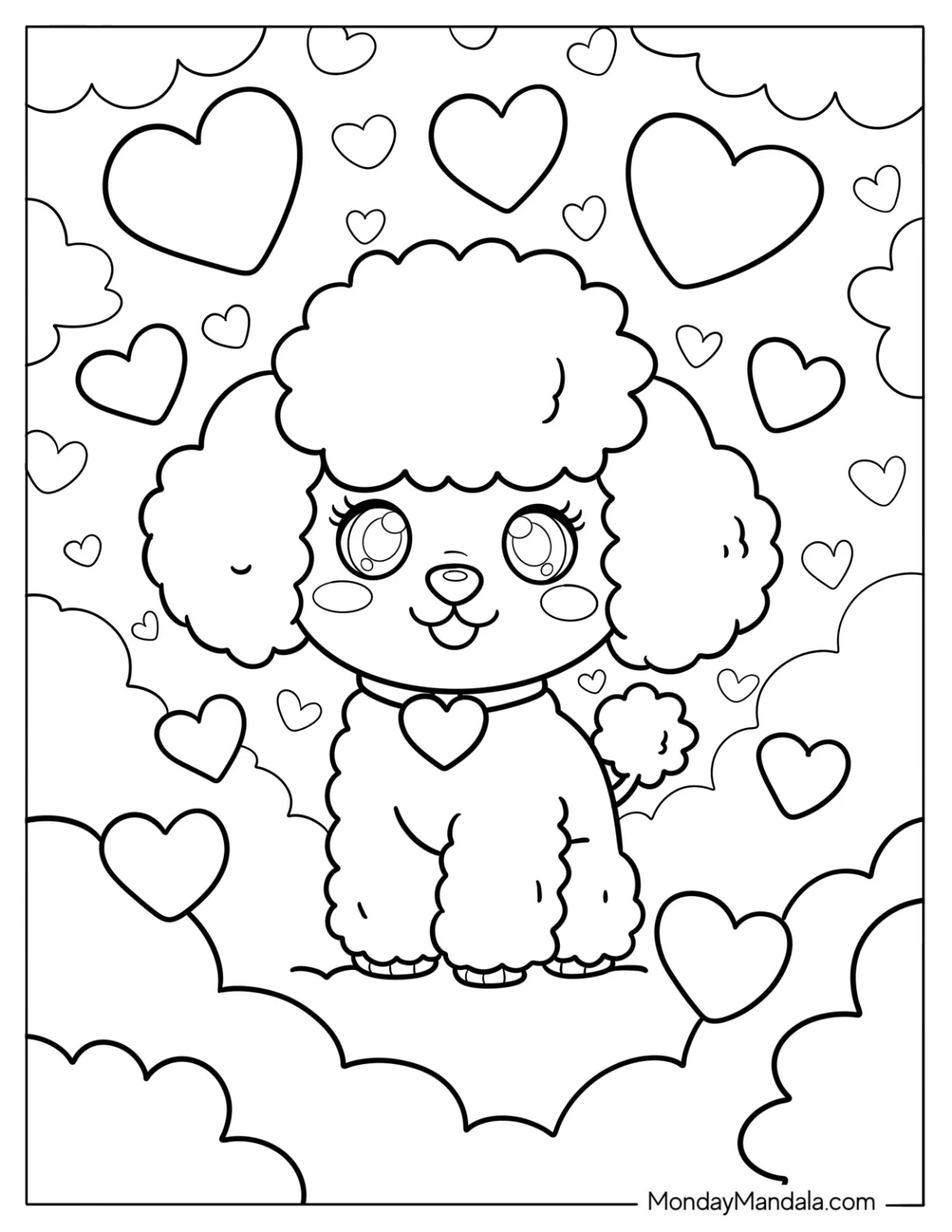 Kawaii Poodle Coloring Page with Fluffy Fur and Heart Collar in a Sky Full of Love Hearts coloring page — printable line art
