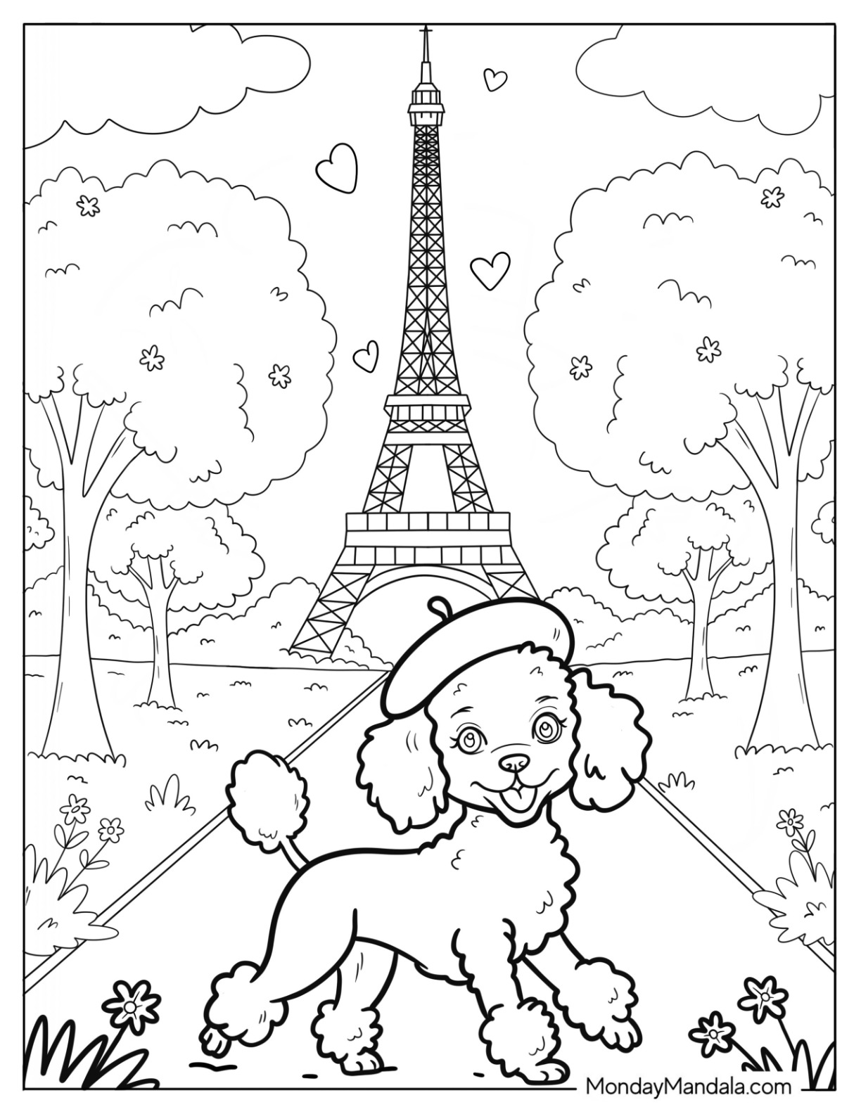 Paris Poodle Coloring Page with Beret in Front of Eiffel Tower for Kids coloring page — printable line art