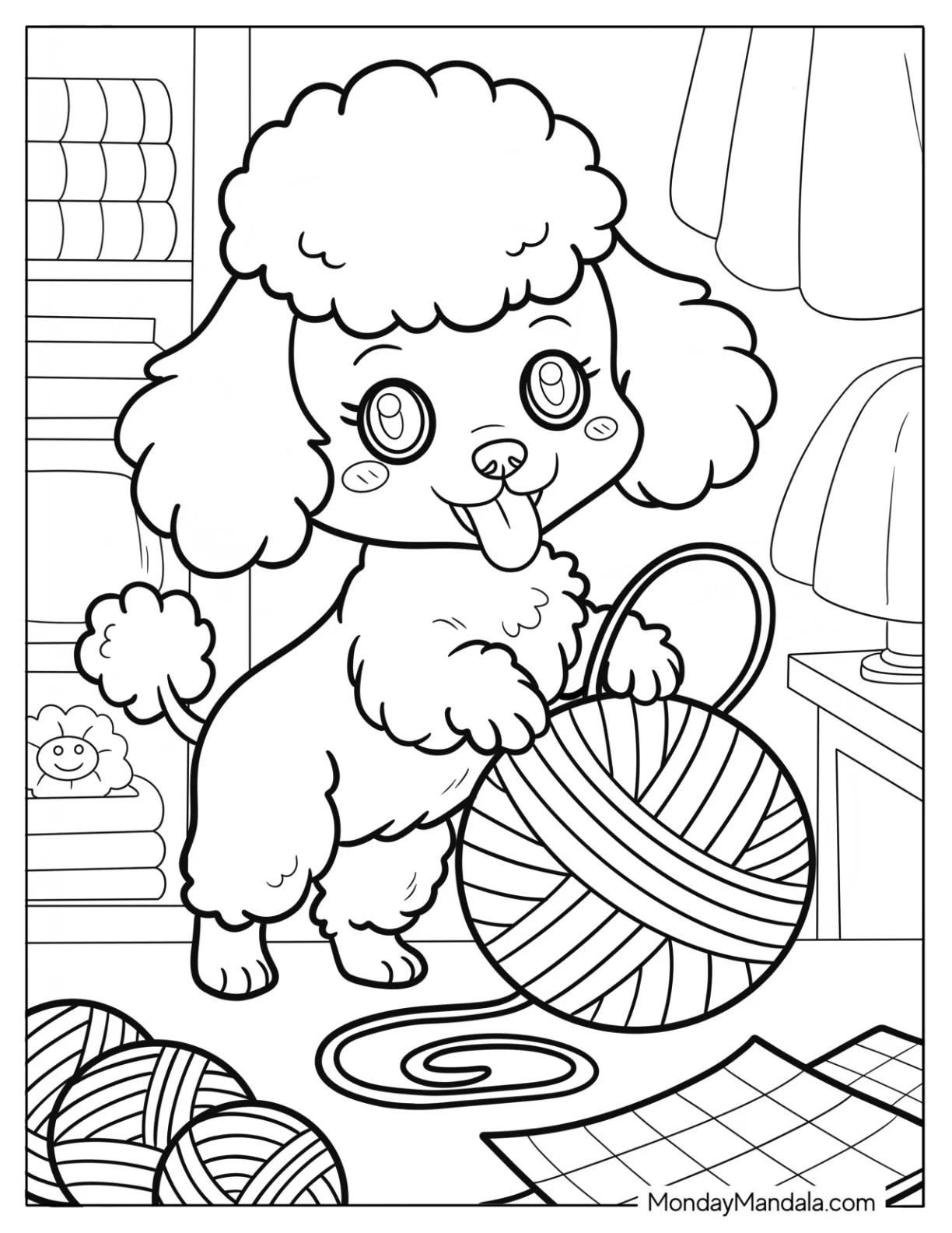 Playful Poodle Coloring Page Tugging Yarn Ball in Cozy Craft Room for Kids coloring page — printable line art