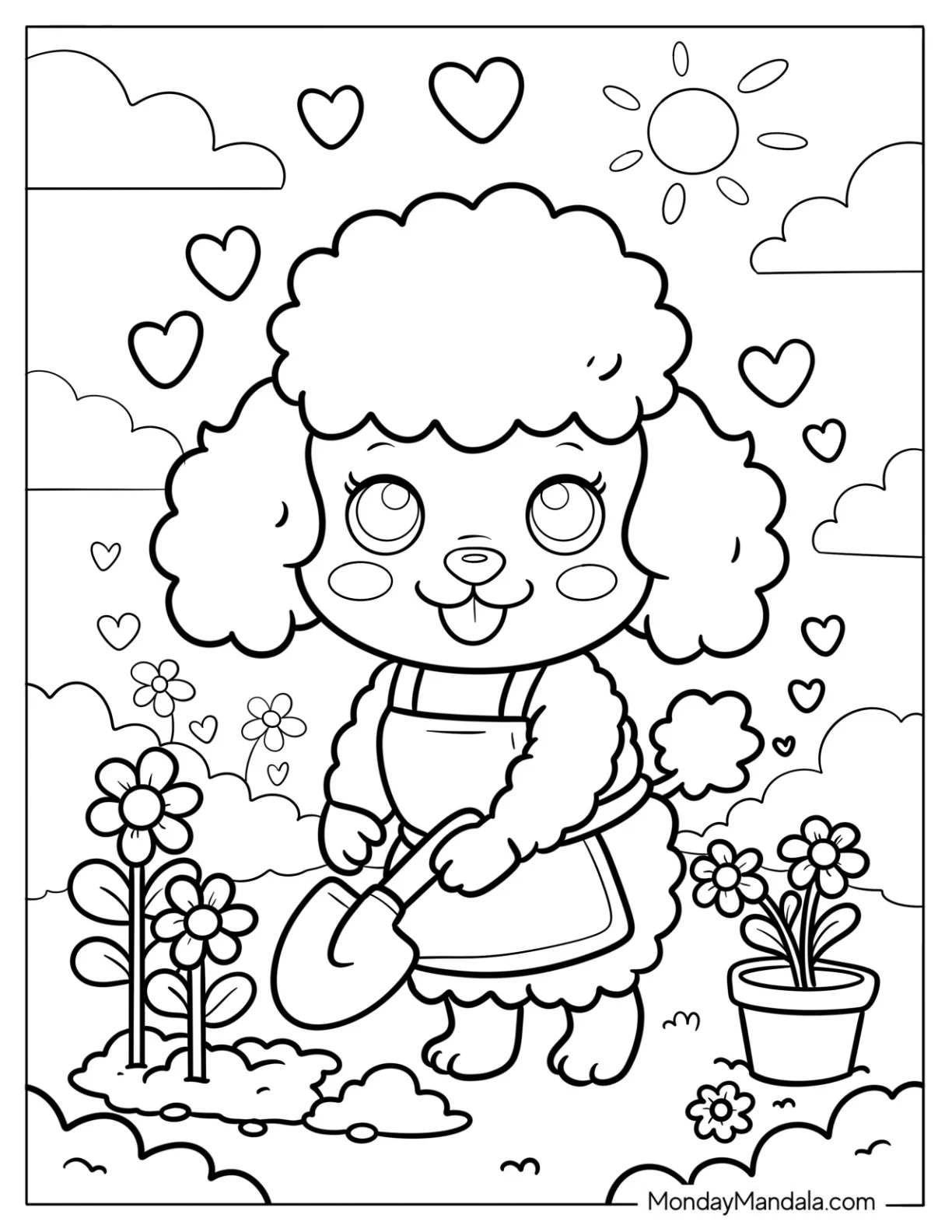 Poodle Coloring Page Digging in the Flower Garden for Preschoolers coloring page