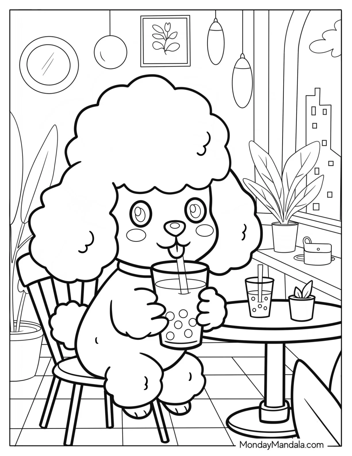 Poodle Coloring Page Drinking Bubble Tea in a Cute Café for Preschoolers coloring page