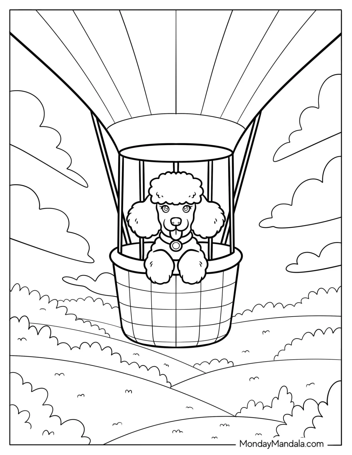 Poodle Coloring Page in a Hot Air Balloon Over Rolling Hills coloring page