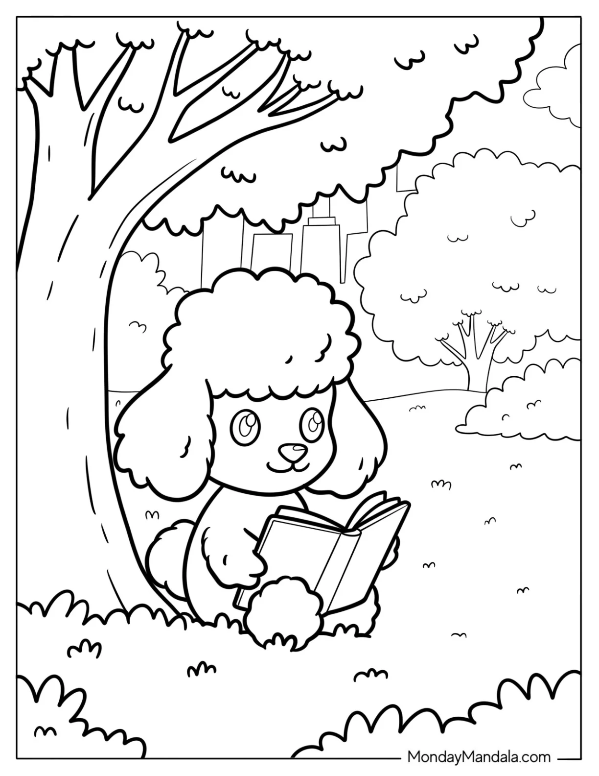 Poodle Coloring Page Reading Under a Tree in the Park for Preschoolers coloring page