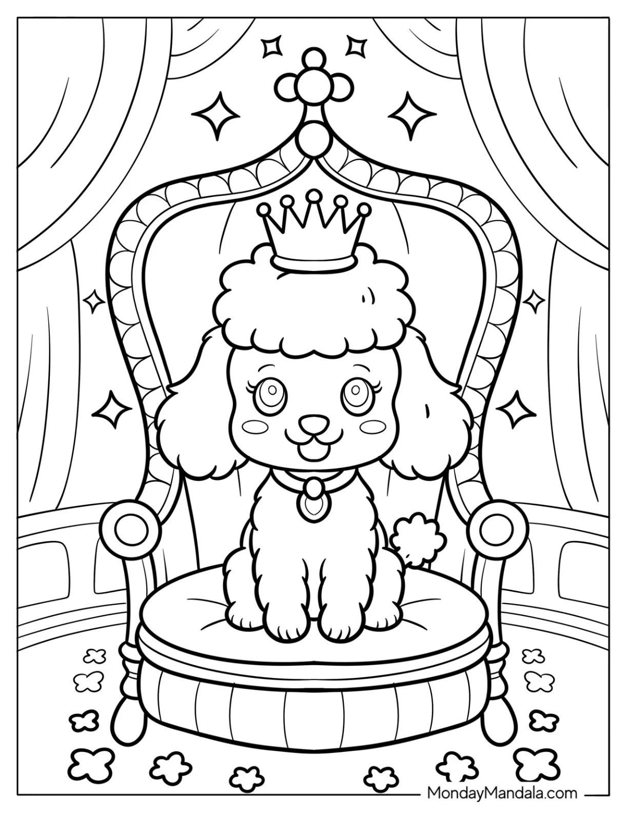 Princess Poodle Coloring Page Wearing a Crown in a Sparkling Palace coloring page