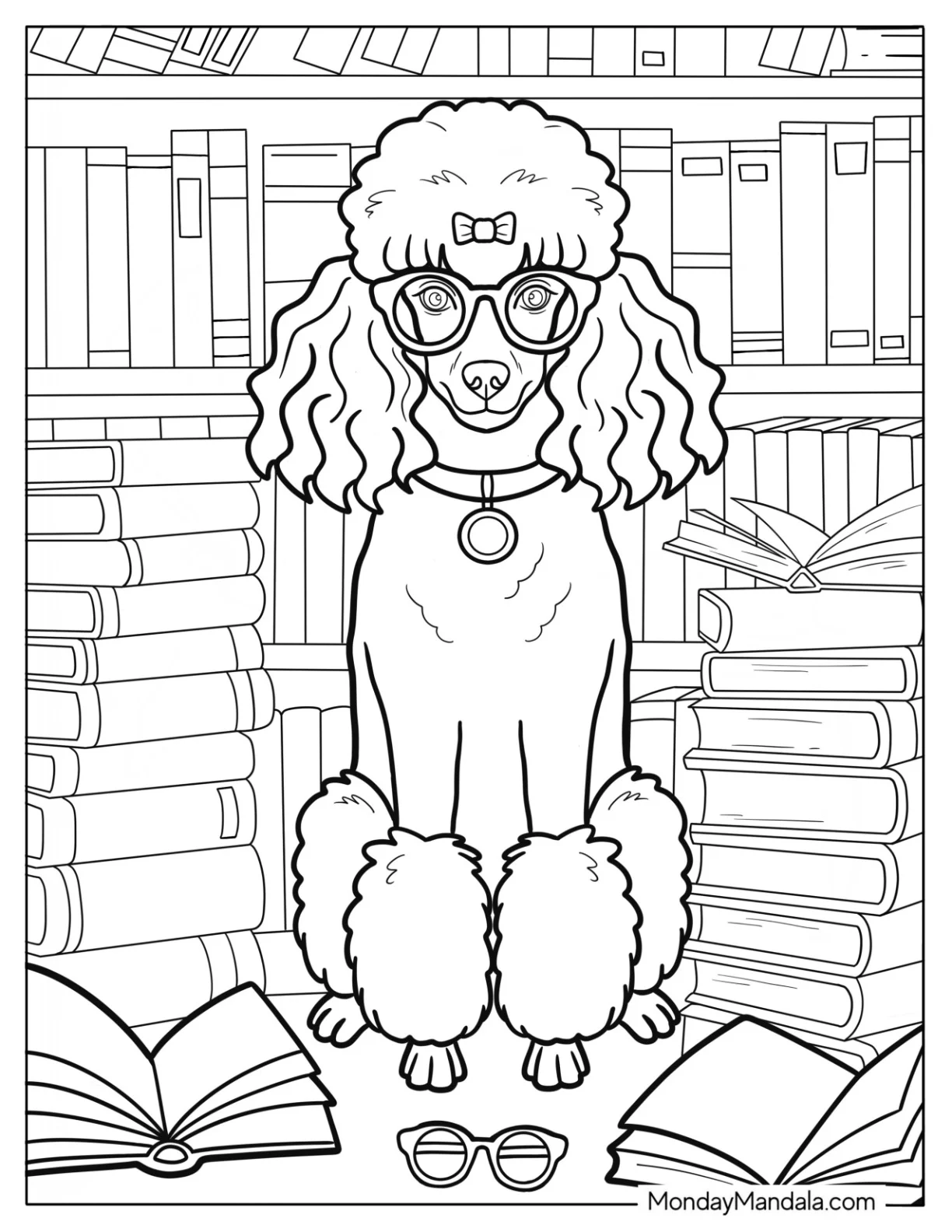 Smart Poodle Coloring Page in Library Surrounded by Stacked Books coloring page