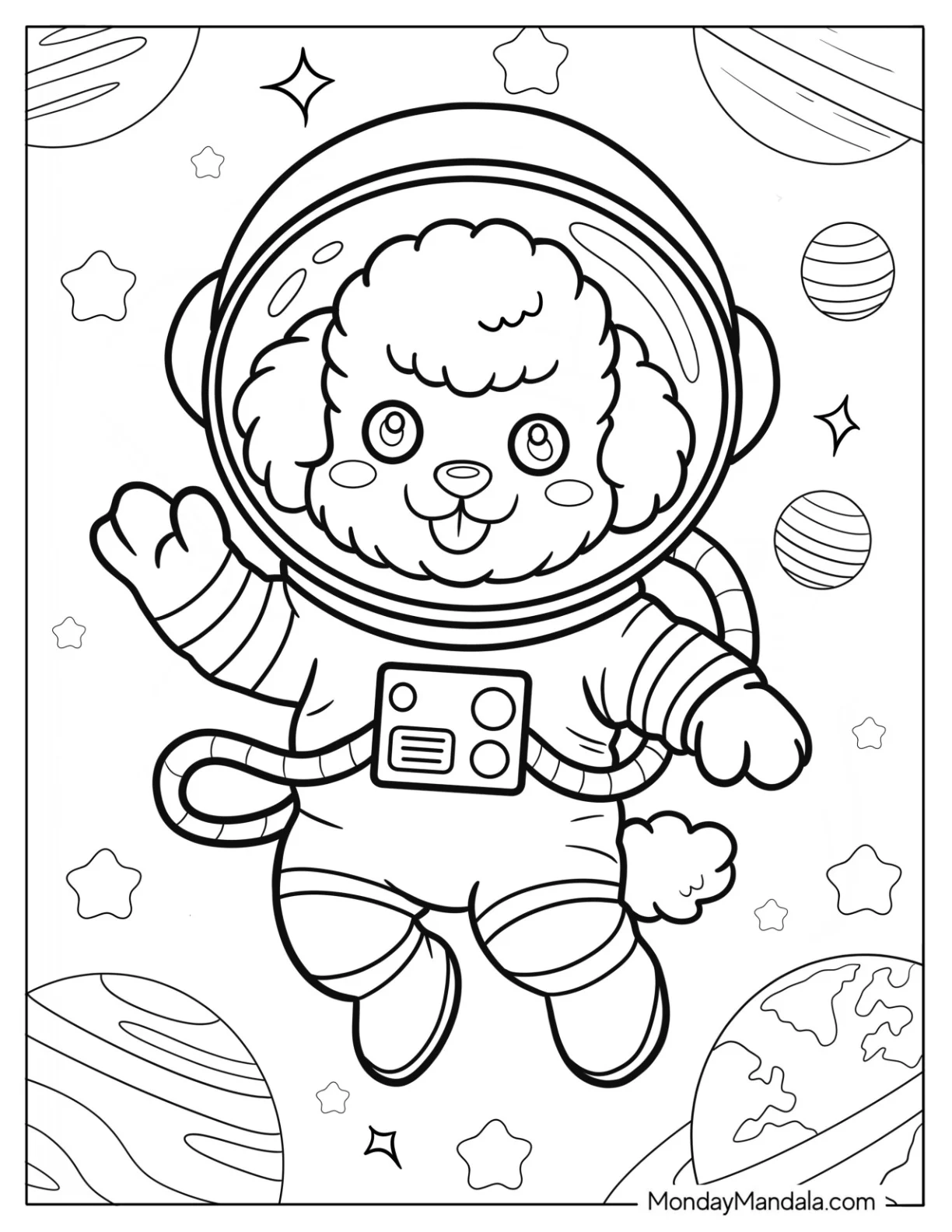 Space Poodle Coloring Page Floating Among Stars and Planets in Astronaut Suit for Kids coloring page