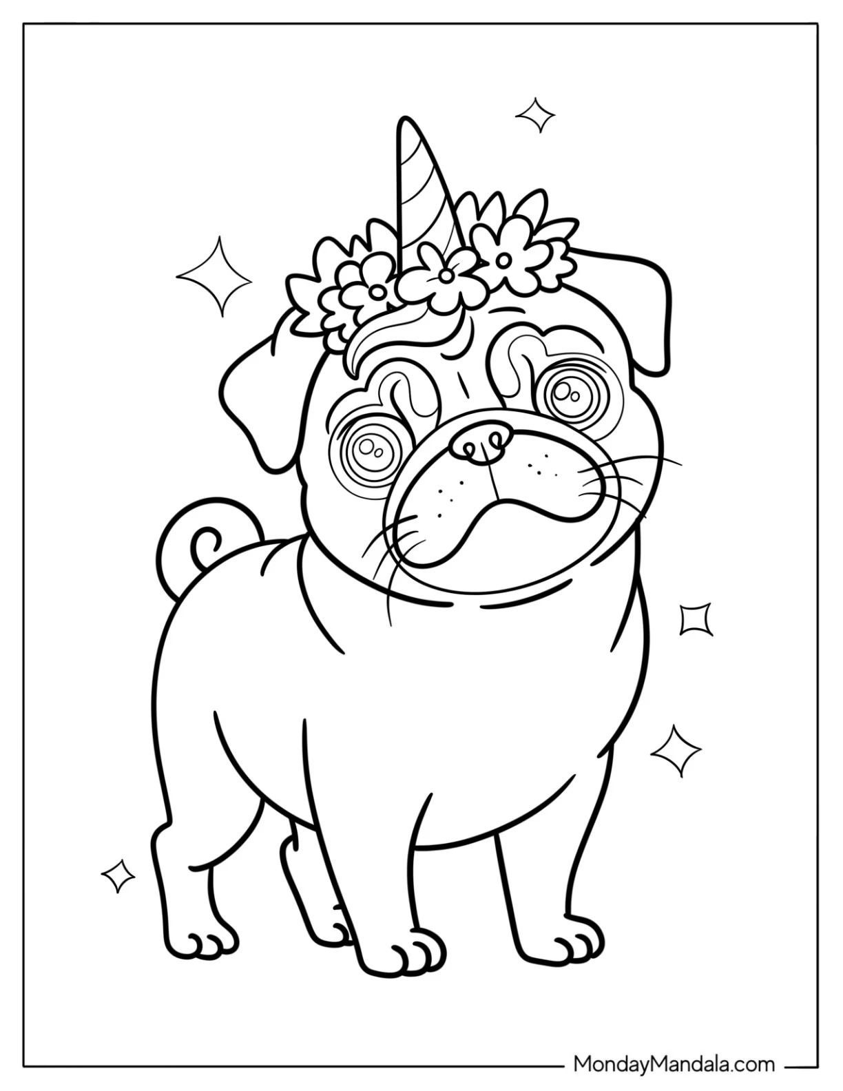 Adorable Pug Coloring Page Wearing a Unicorn Horn and Flower Crown coloring page