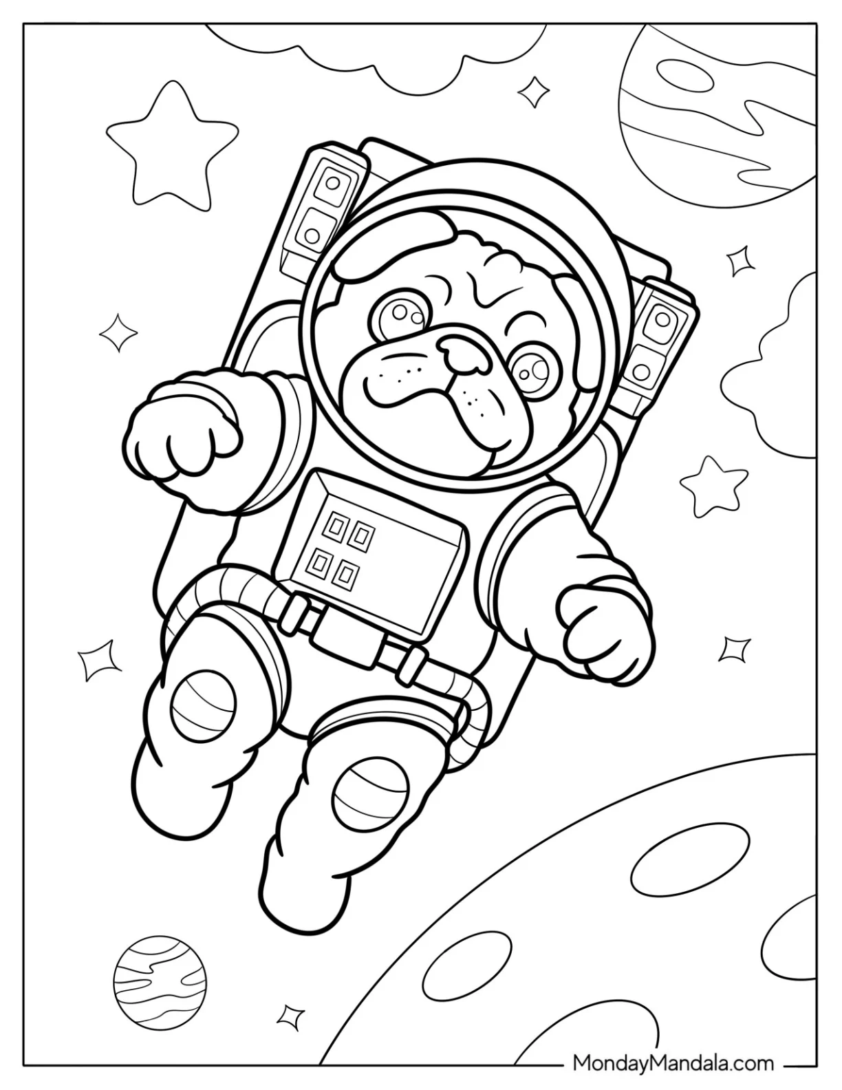 Astronaut Pug Coloring Page Floating in Outer Space coloring page — printable line art
