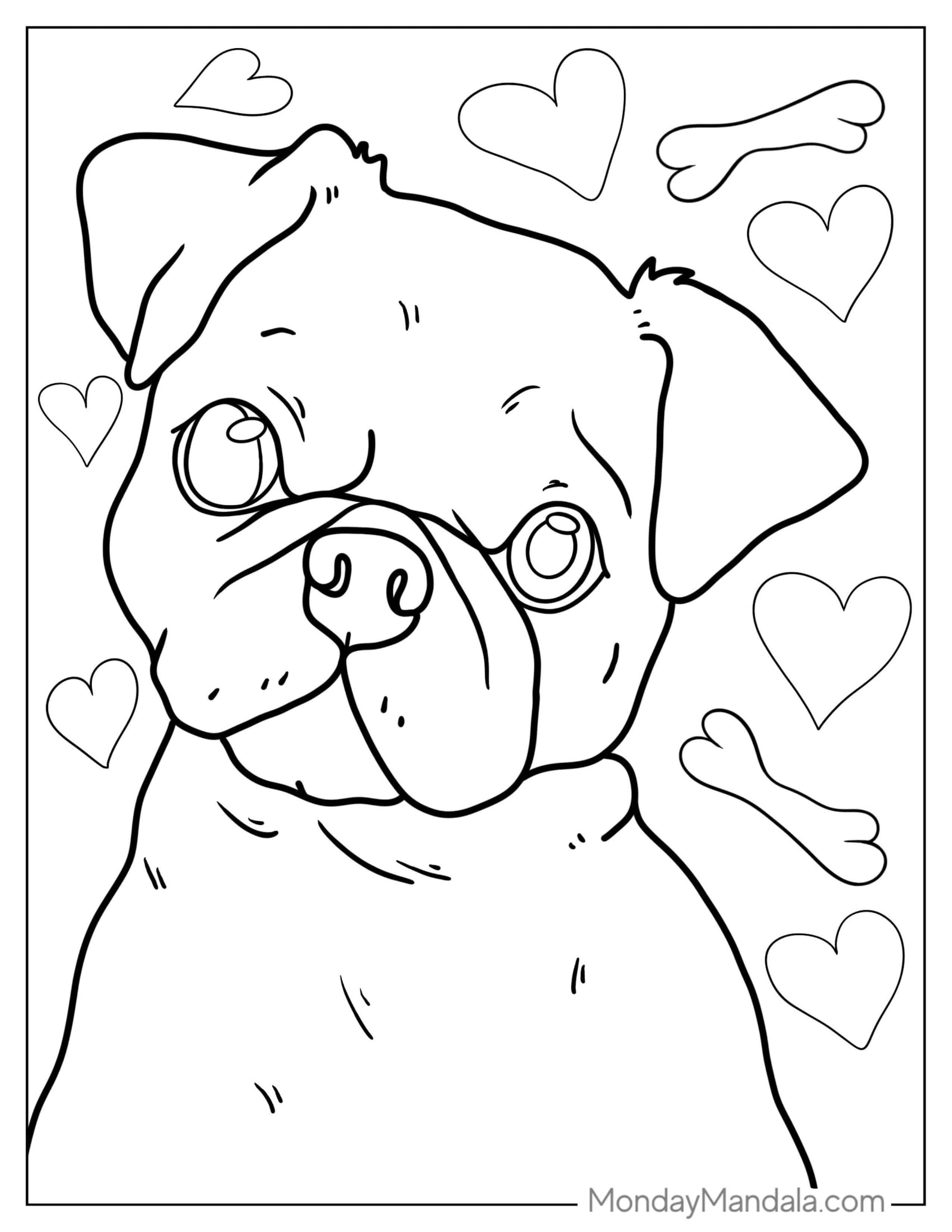 Coloring Page Of Baby Pug With Bones And Hearts coloring page