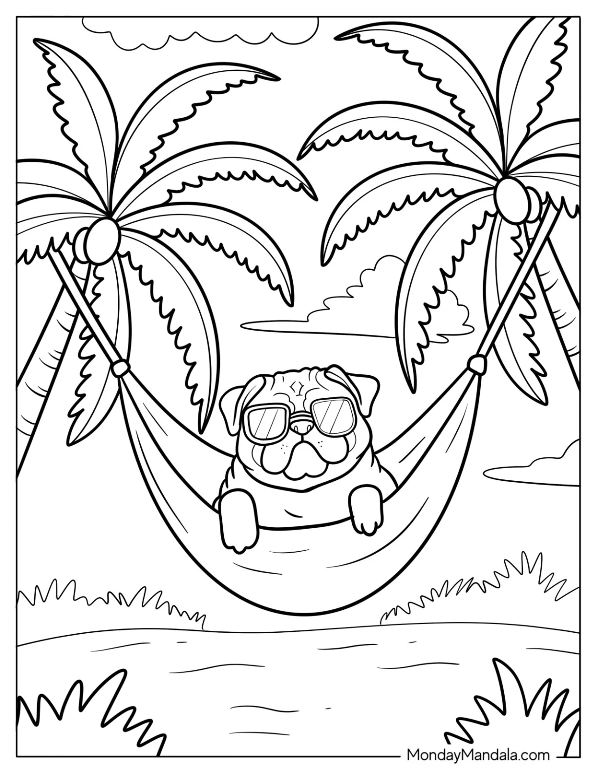 Cool Pug Coloring Page Wearing Sunglasses on a Tropical Vacation coloring page