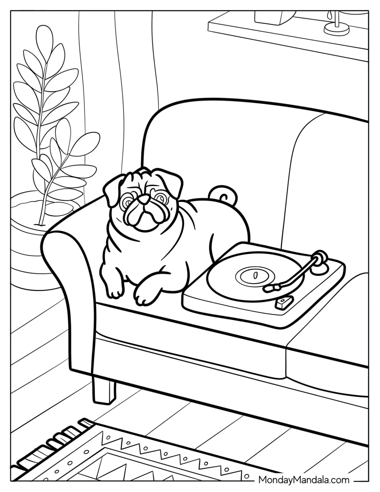 Cozy Home Scene with Pug Coloring Page and Vinyl Player coloring page — printable line art