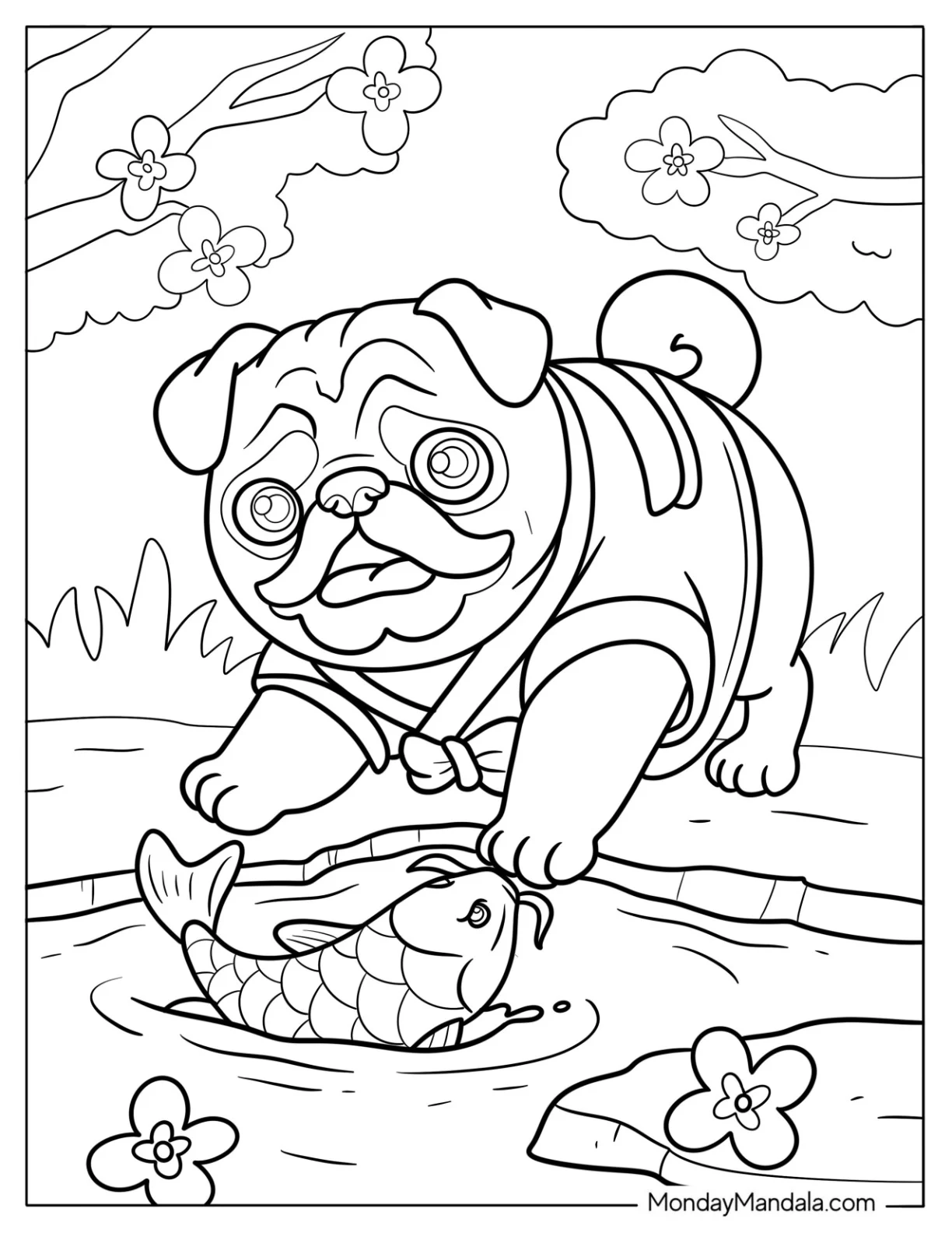 Curious Pug Coloring Page Playing with Koi Fish by the Pond coloring page — printable line art