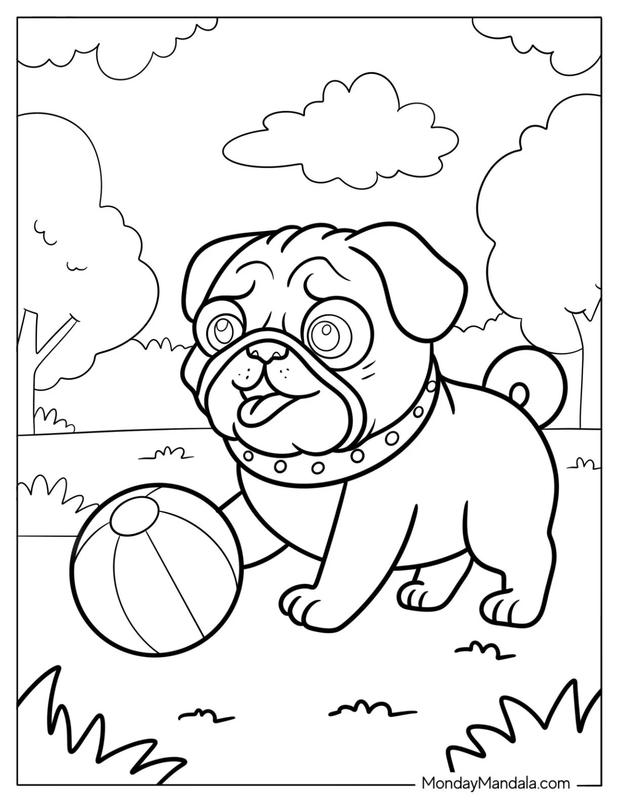 Cute Pug Coloring Page and Ball in the Park For Kids coloring page