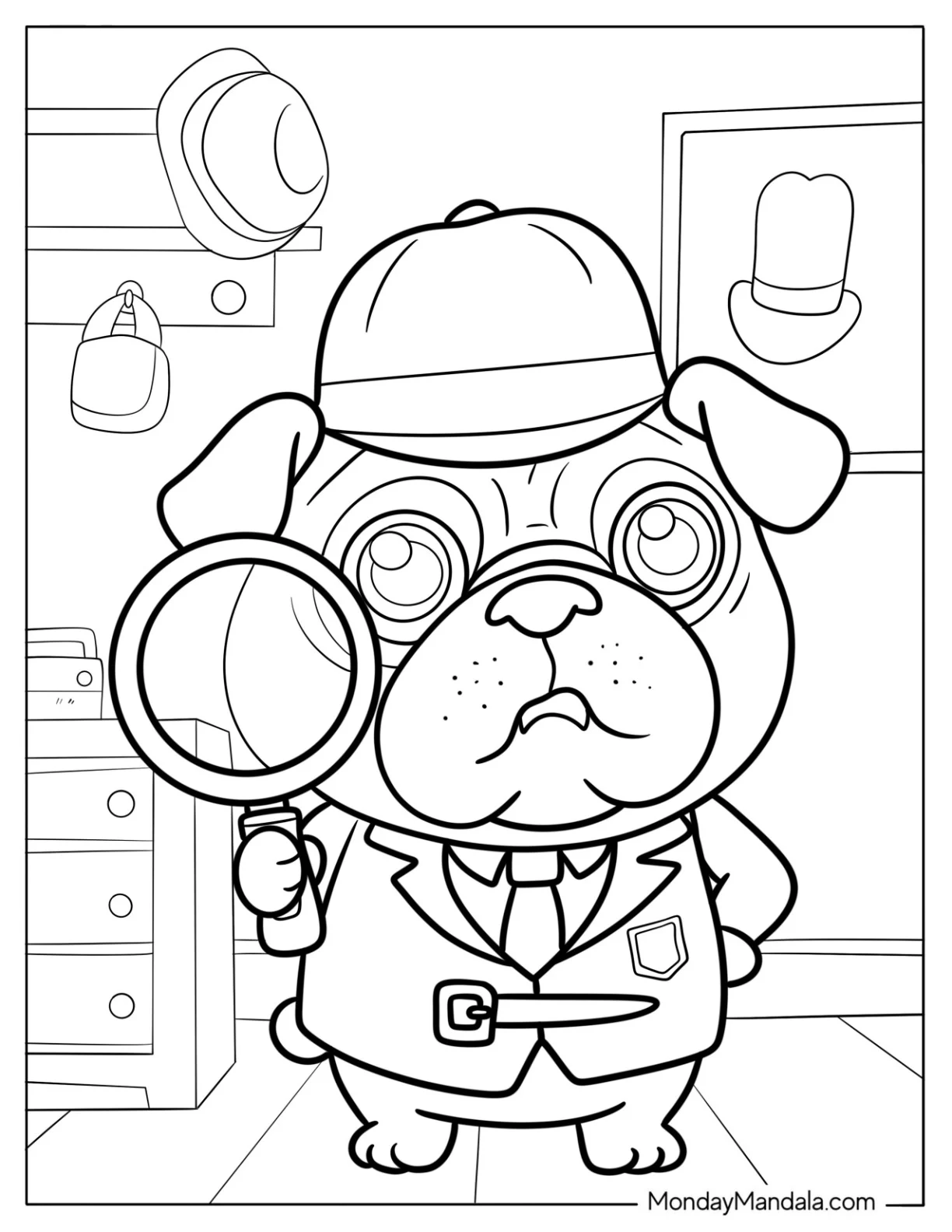 Detective Pug Coloring Page with Magnifying Glass coloring page — printable line art