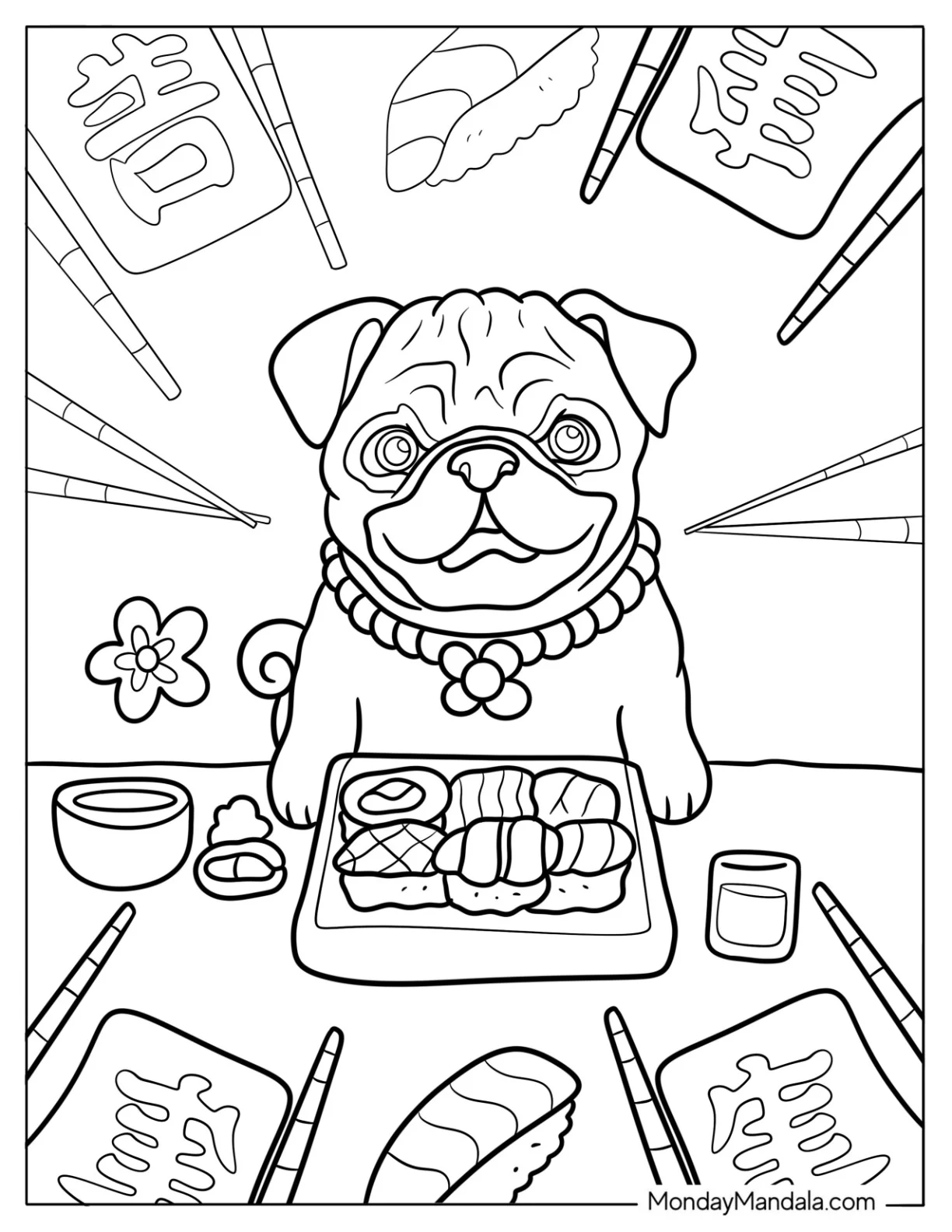 Kawaii Pug Coloring Page and Sushi Platter coloring page