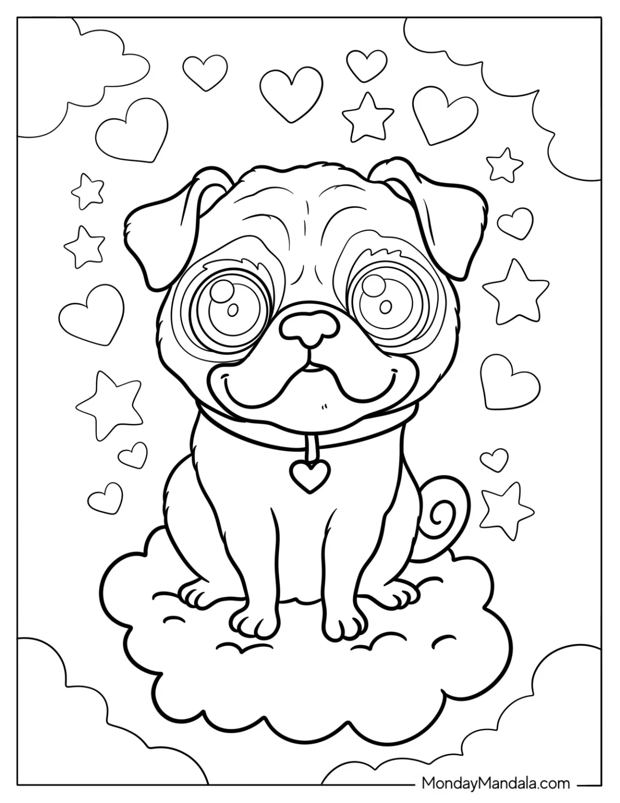 Lovable Pug Coloring Page Puppy Floating in the Clouds coloring page — printable line art