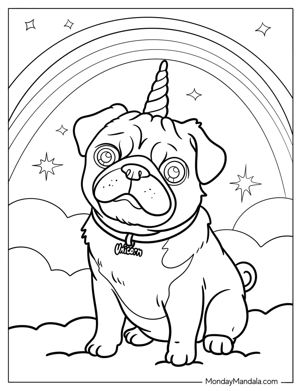 Magical Pug Coloring Page with Unicorn Horn and Rainbow Background coloring page — printable line art