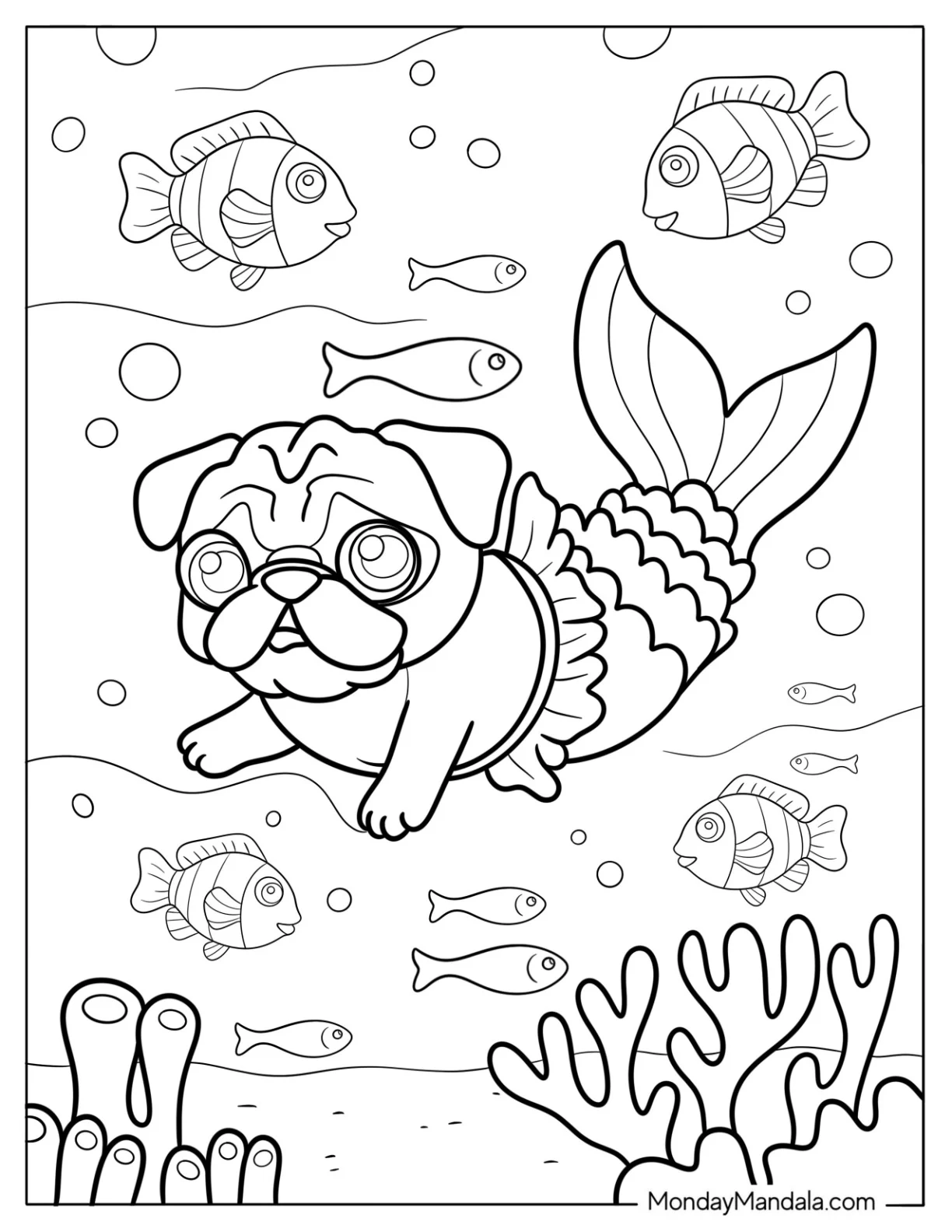 Mermaid Pug Coloring Page Under the Sea coloring page — printable line art