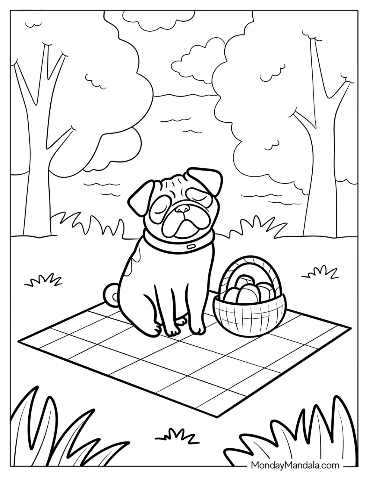 Peaceful Picnic with Pug Coloring Page Of Puppy coloring page — printable line art