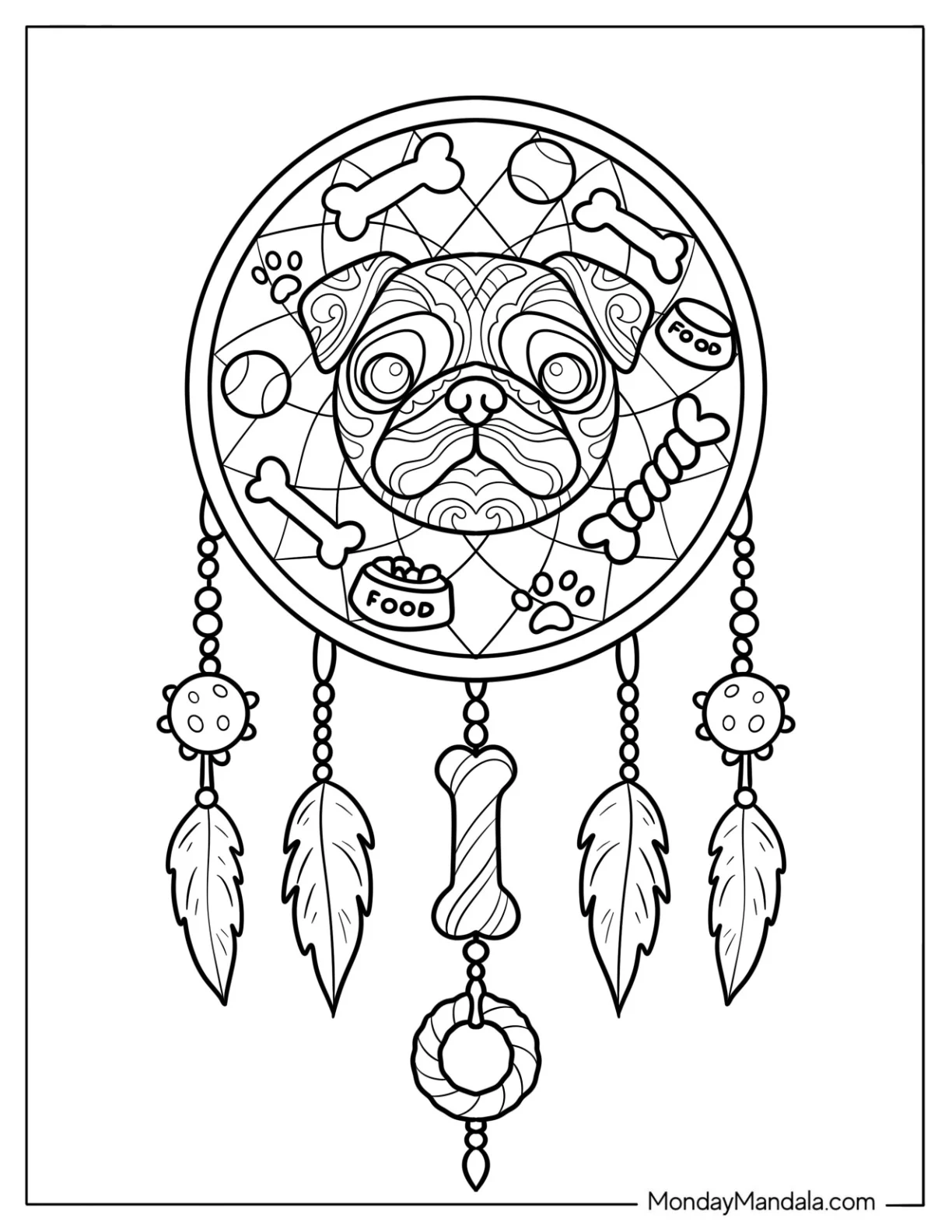 Pug Coloring Page Dreamcatcher with Feathers and Bones coloring page