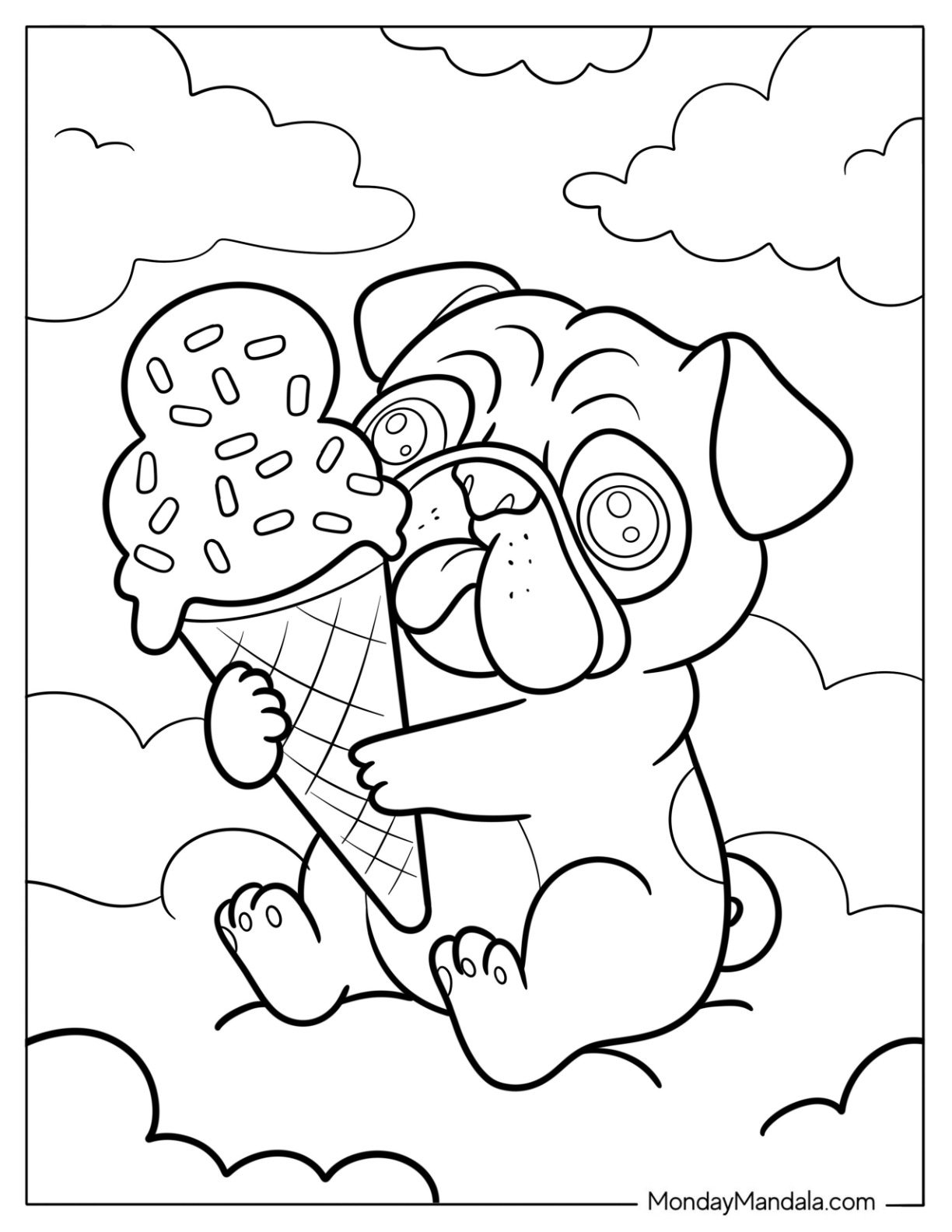 Pug Coloring Page Enjoying Ice Cream Cone In The Clouds for Kids coloring page — printable line art
