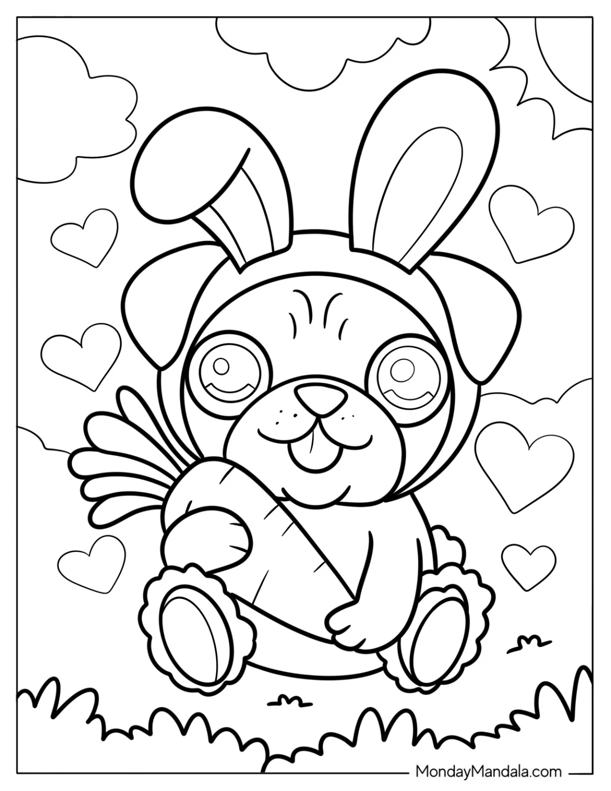 Pug Coloring Page in Bunny Costume Holding Carrot For Kids coloring page — printable line art