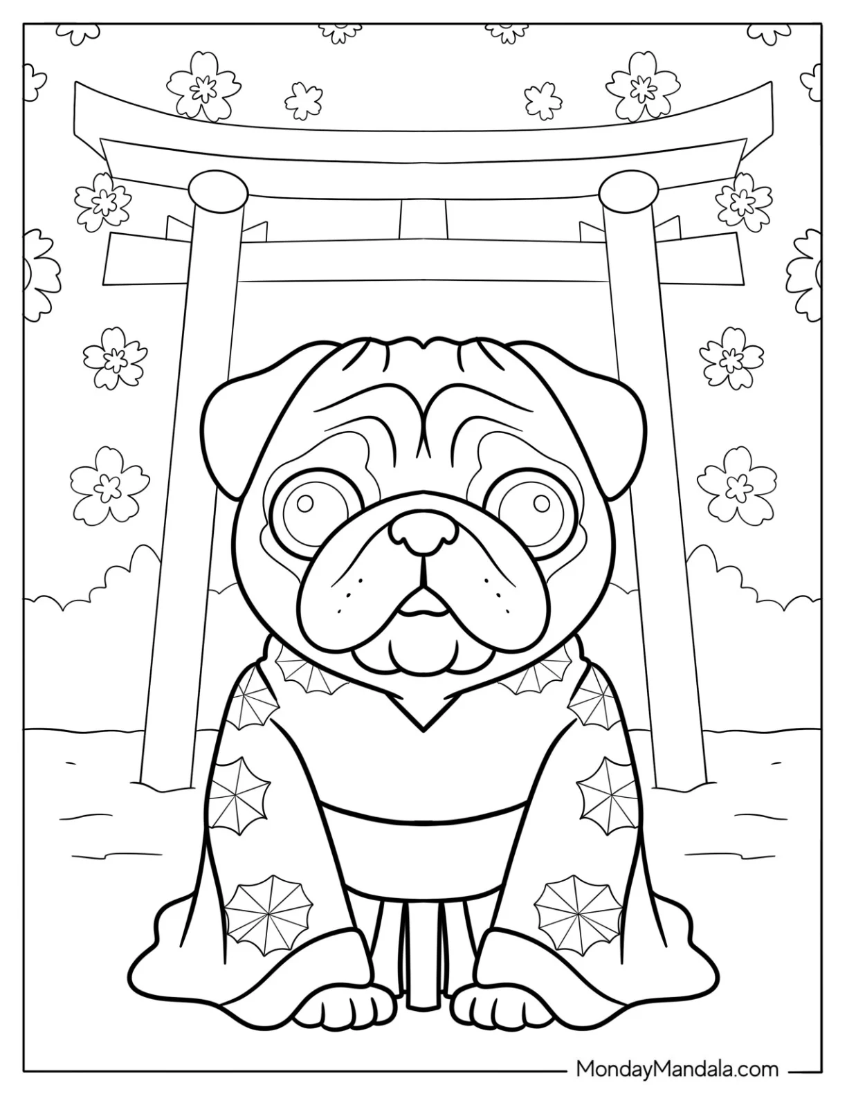 Pug Coloring Page in Kimono at Japanese Torii Gate For Kids coloring page — printable line art