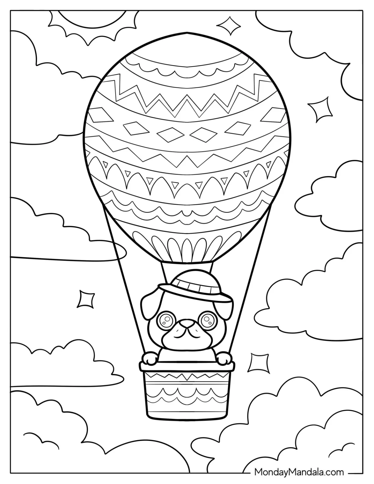 Pug Coloring Page in Patterned Hot Air Balloon for Kids coloring page