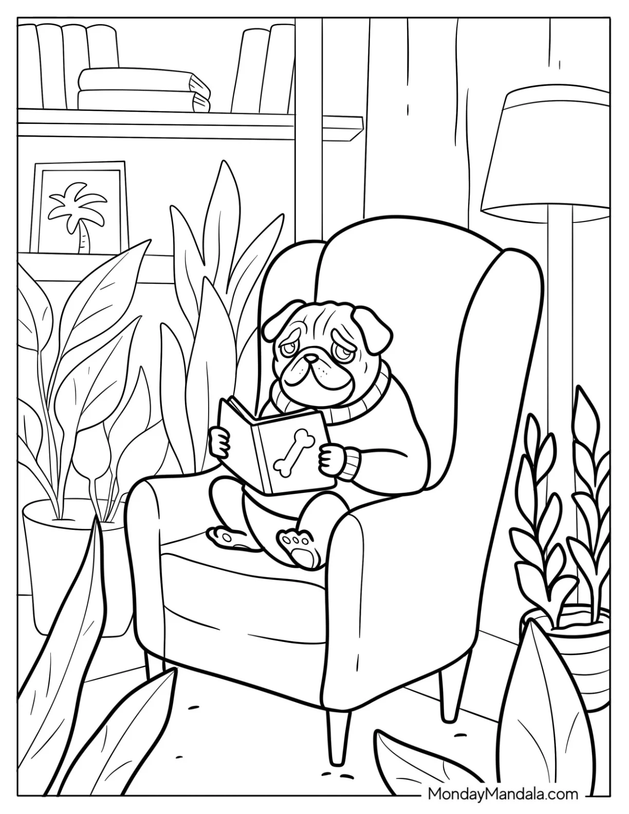 Pug Coloring Page Reading a Book in Armchair coloring page — printable line art