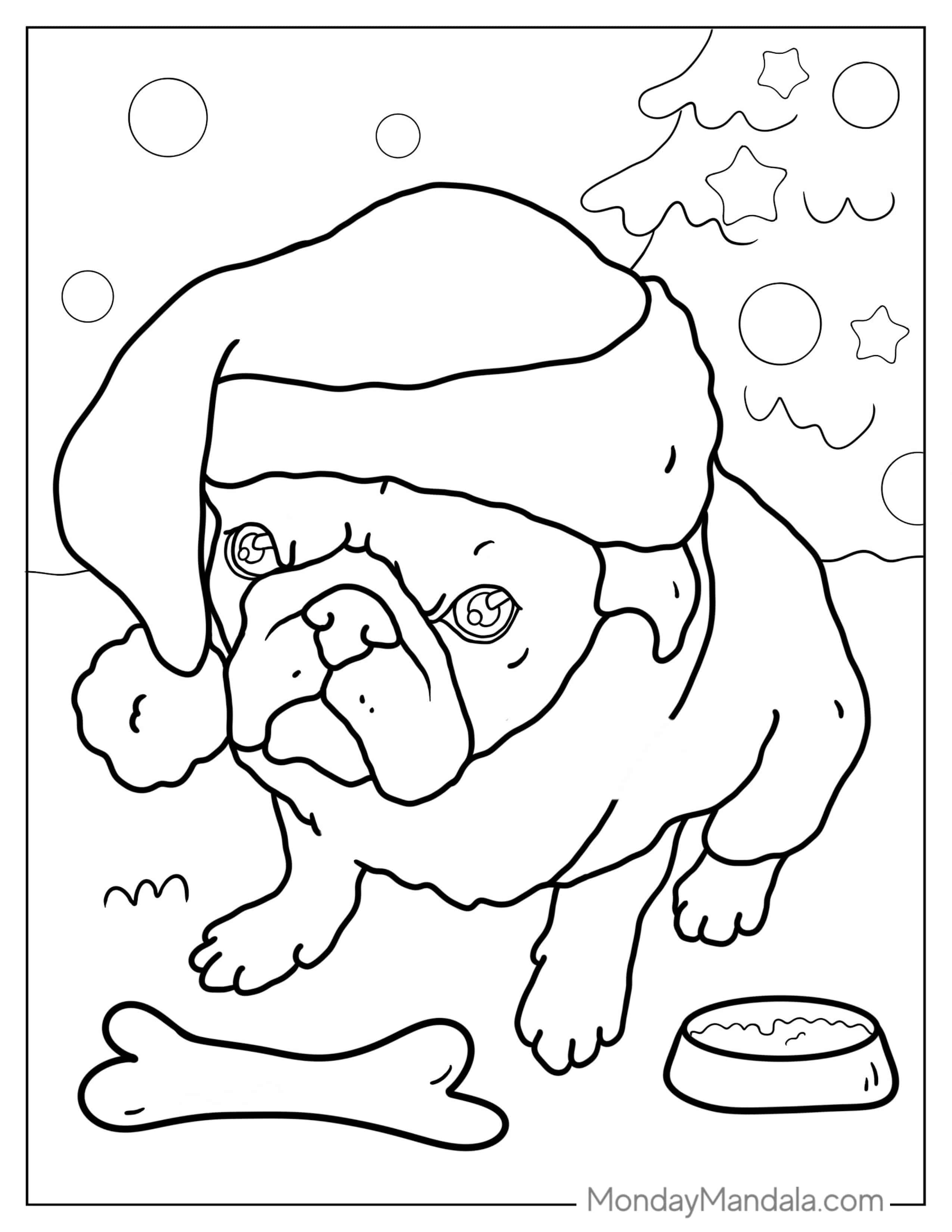 Pug Wearing Santa Hat During Christmas coloring page — printable line art