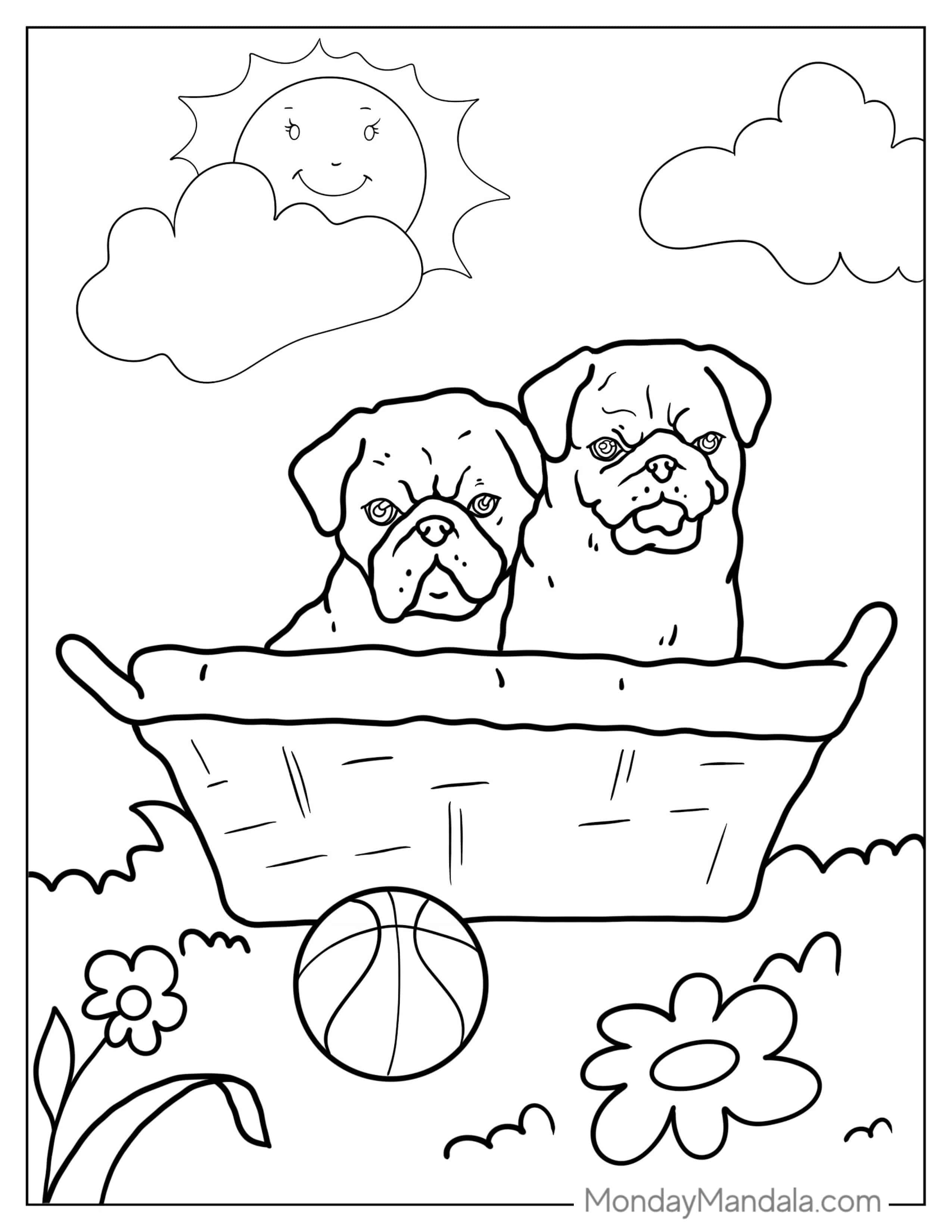 Two Cute Pug Puppies To Color coloring page — printable line art