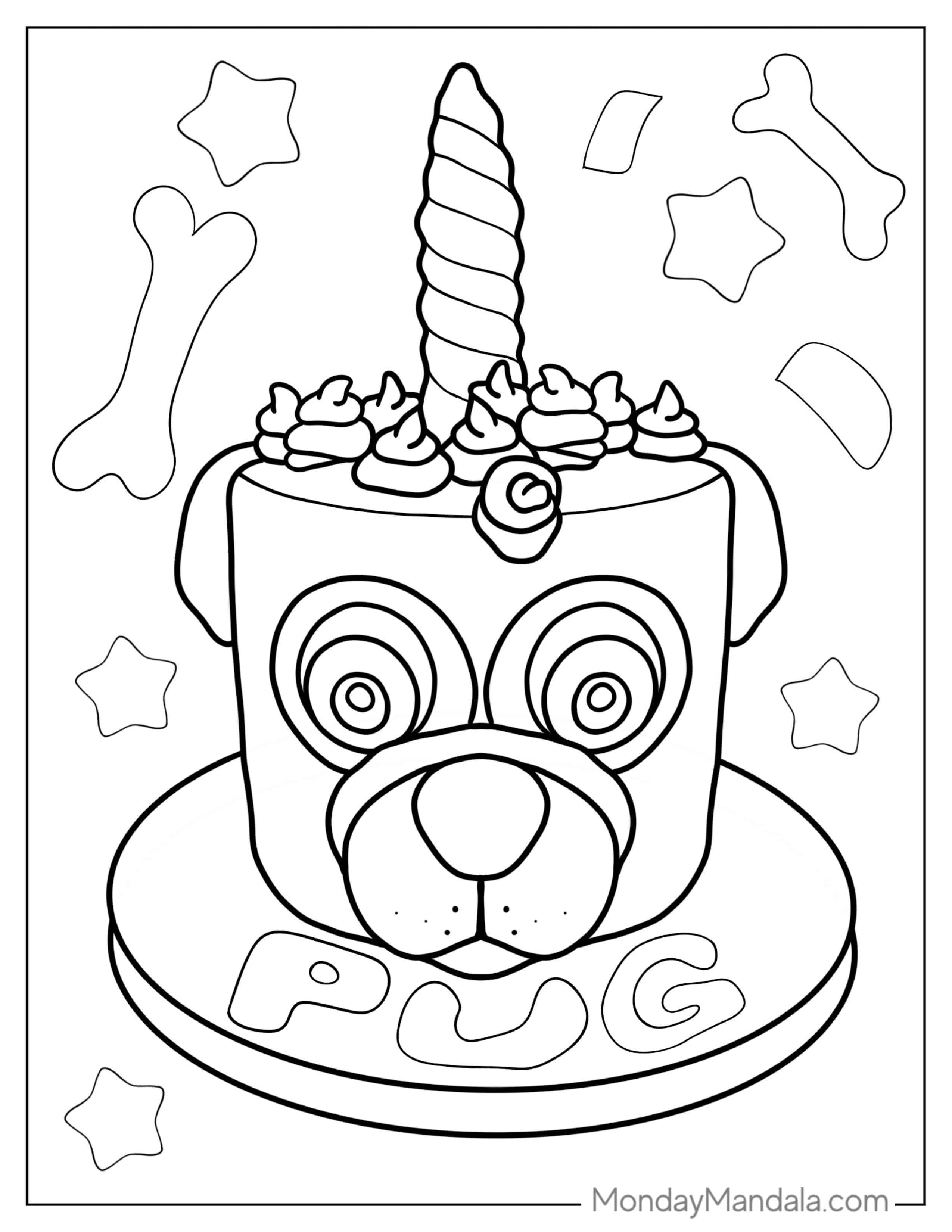 Unicorn Pug Themed Birthday Cake To Color coloring page