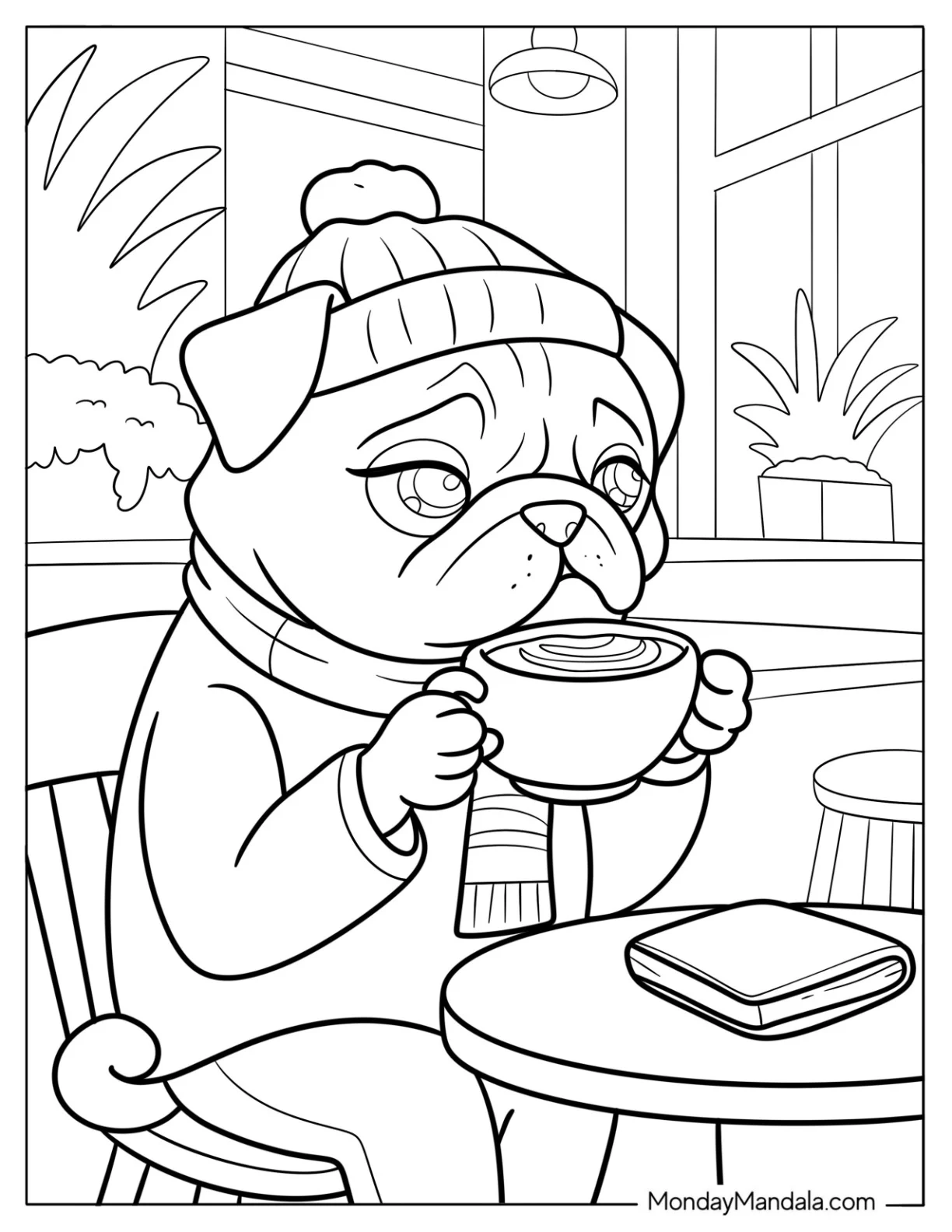 Winter Pug with Latte and Scarf Coloring Page coloring page — printable line art