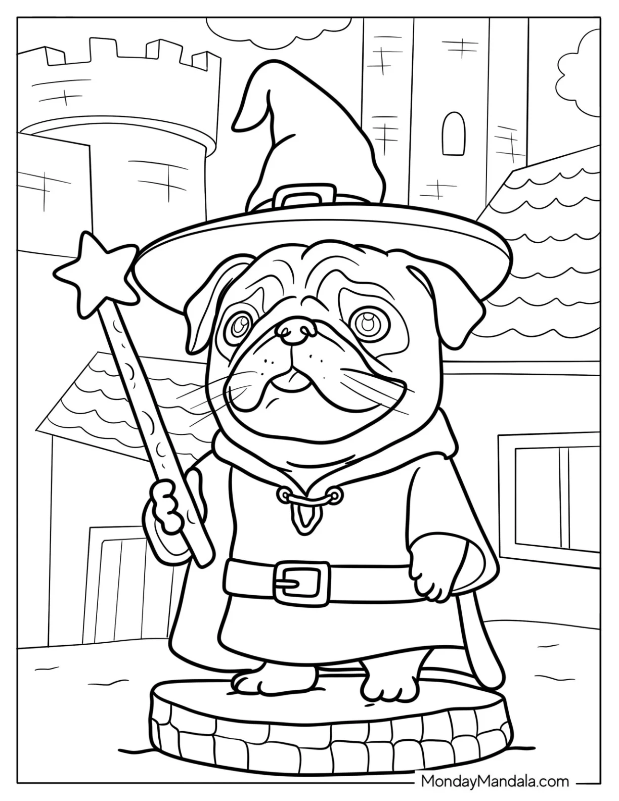 Wizard Pug with Magic Wand Coloring Page coloring page