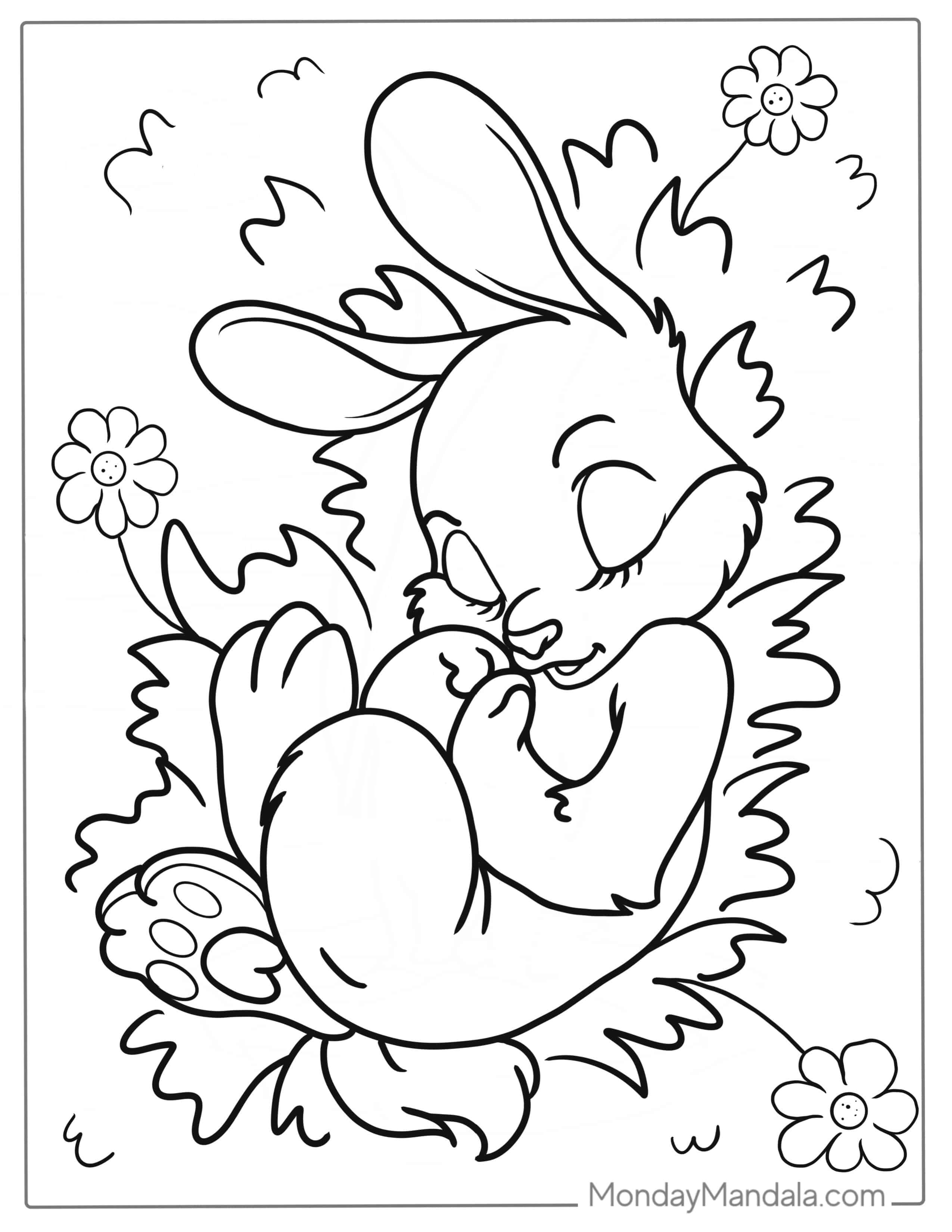 Adorable Rabbit Sleeping In Grass Patch coloring page — printable line art