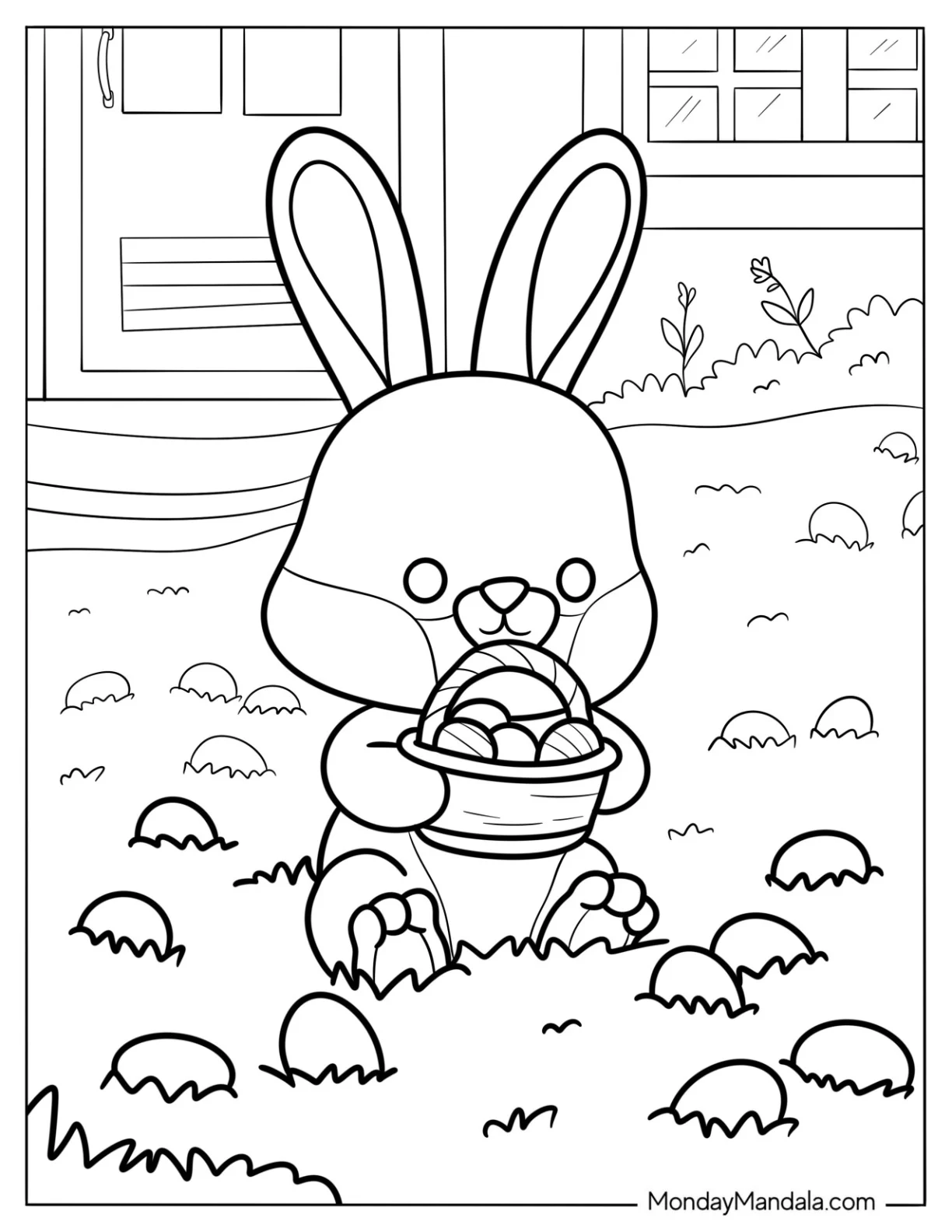 Cartoon Rabbit Coloring Page Hugging A Basket Of Easter Eggs coloring page