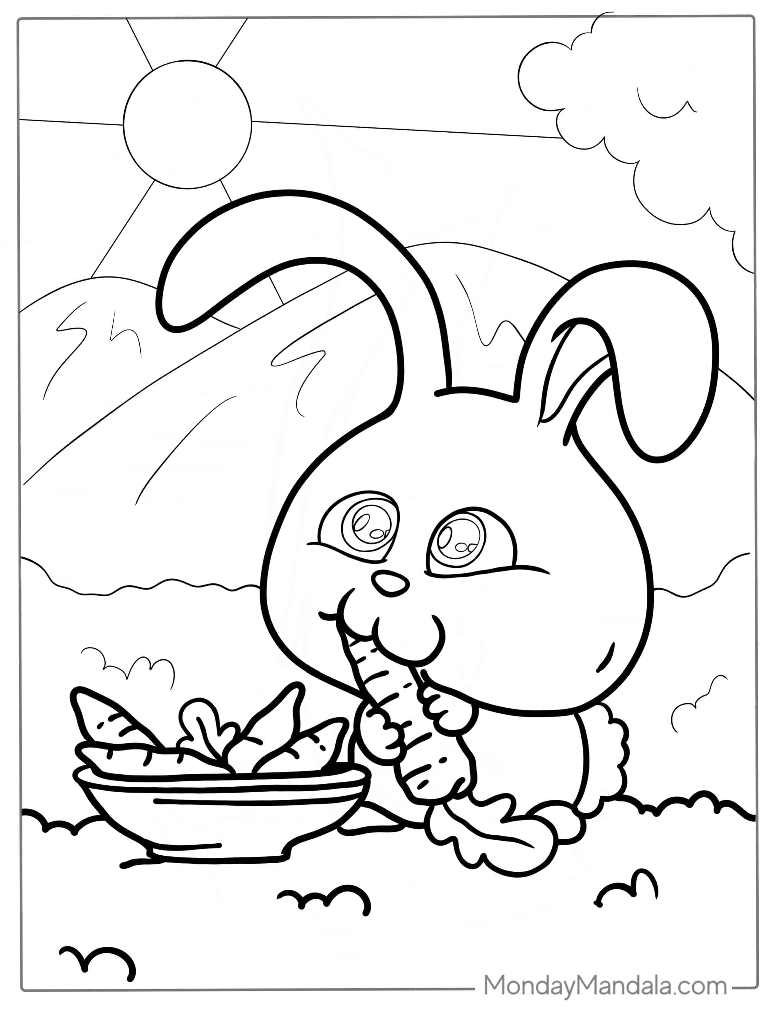 Cartoon Rabbit Eating A Bowl Of Carrots coloring page — printable line art
