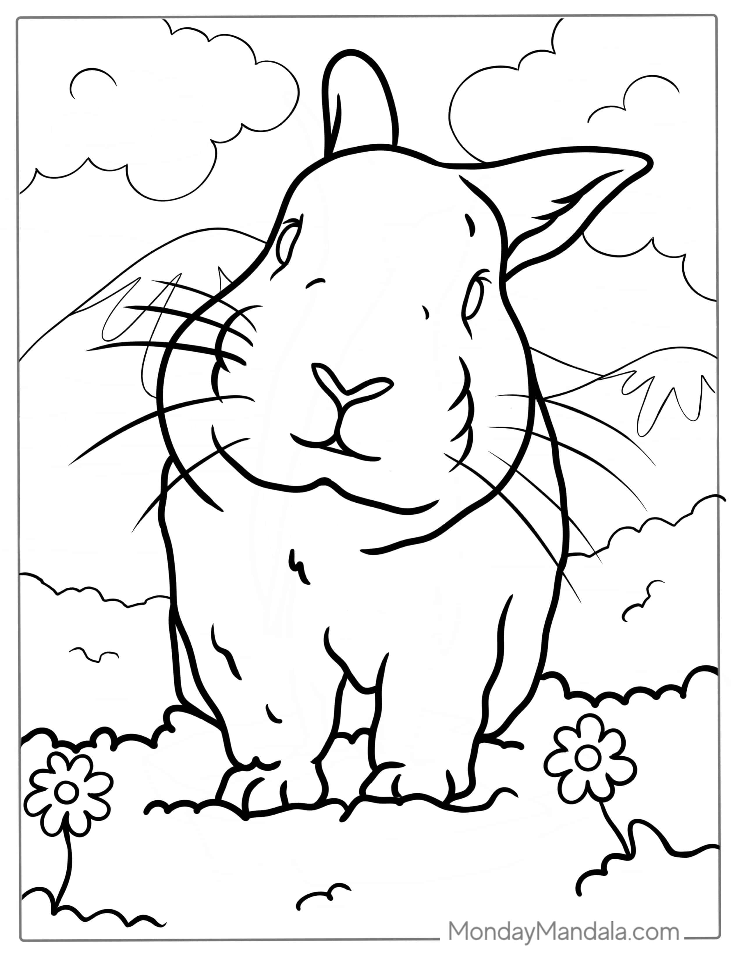 Cute Rabbits Nose Standing In Field coloring page — printable line art