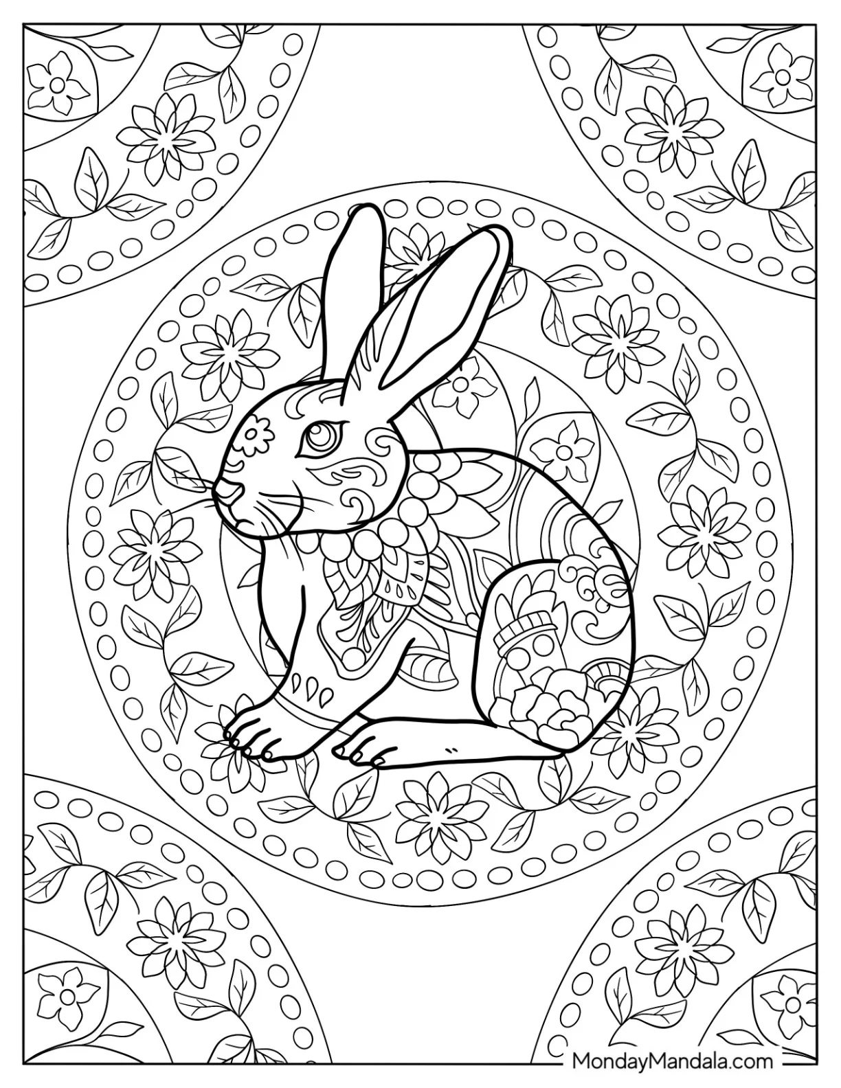 Floral Rabbit Coloring Page Mandala coloring page — printable line art