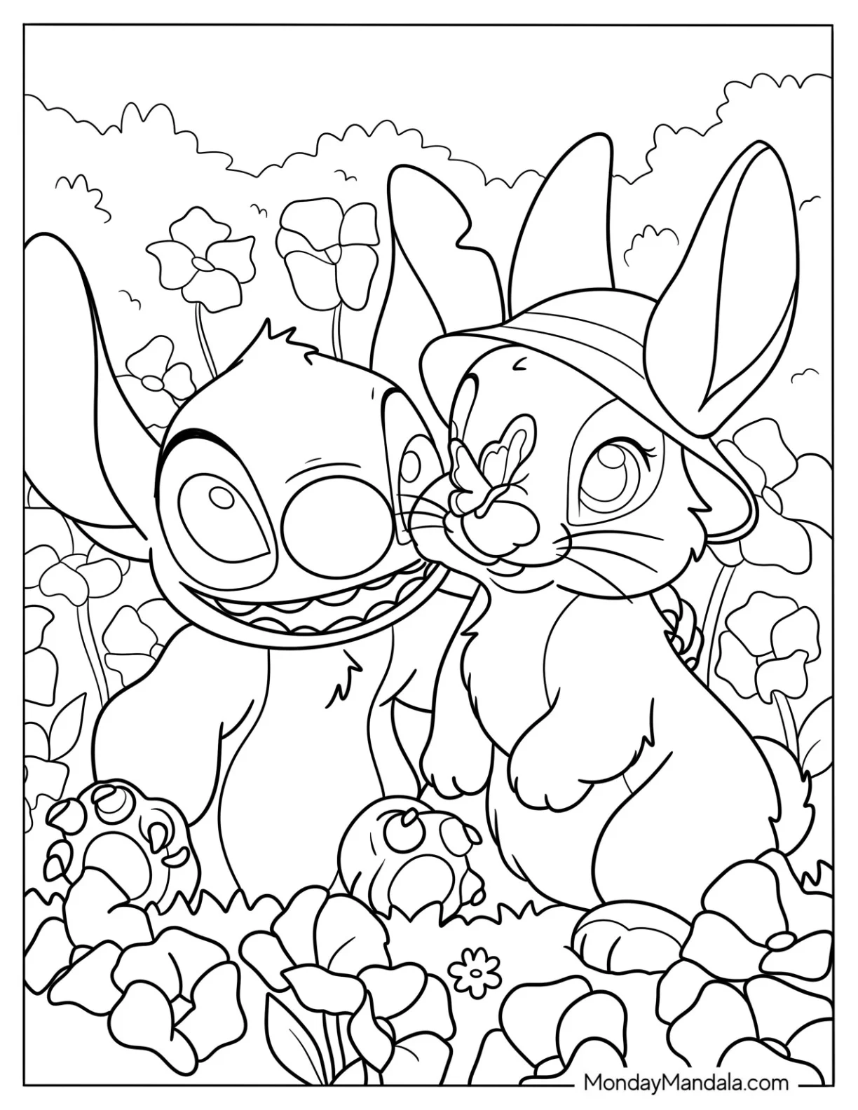 Furry Rabbit Coloring Page With Stitch Surrounded By Flowers coloring page — printable line art