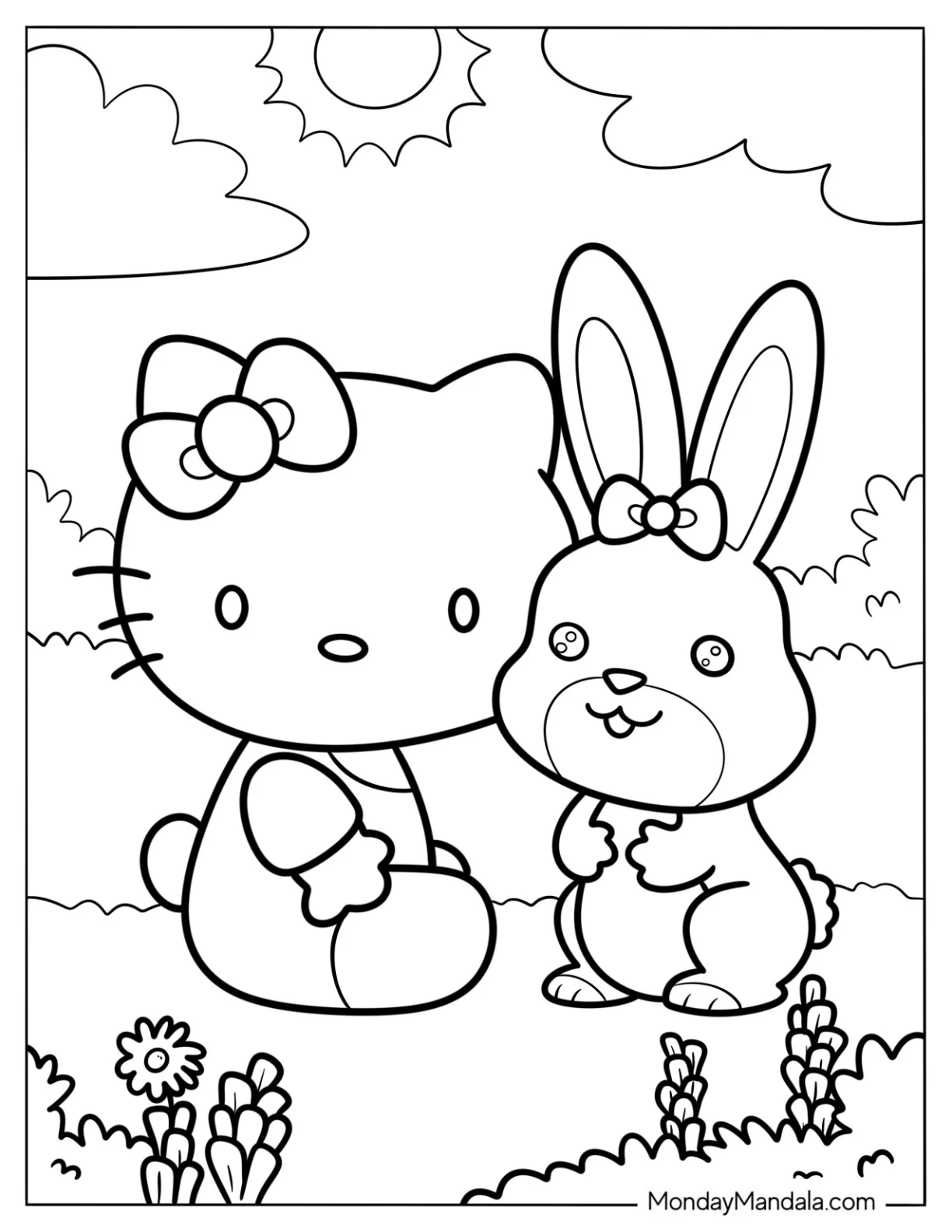Hello Kitty Sitting On The Grass With A Rabbit Coloring Page For Kids coloring page
