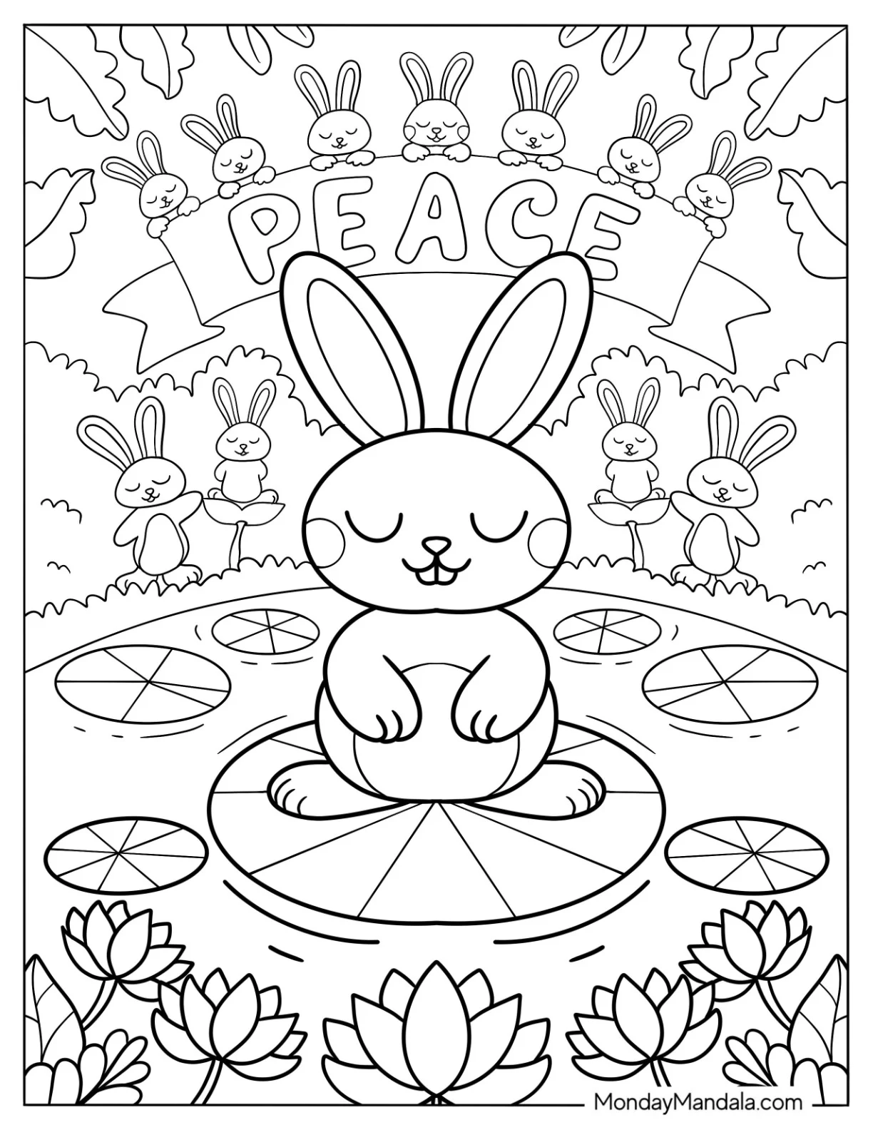Hippie Rabbit Coloring Page With Peace Banner On Top coloring page