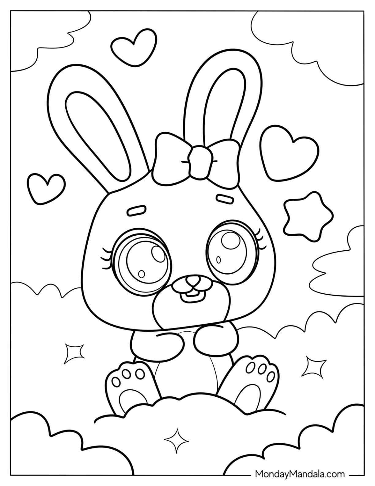 Kawaii Rabbit Coloring Page Sitting On The Clouds coloring page — printable line art