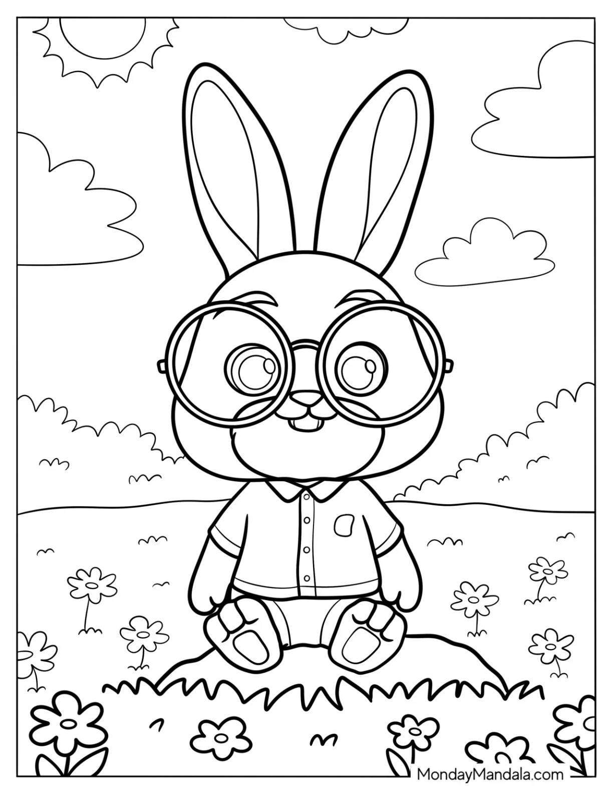 Nerdy Rabbit Coloring Page Sitting On A Rock For Kids coloring page