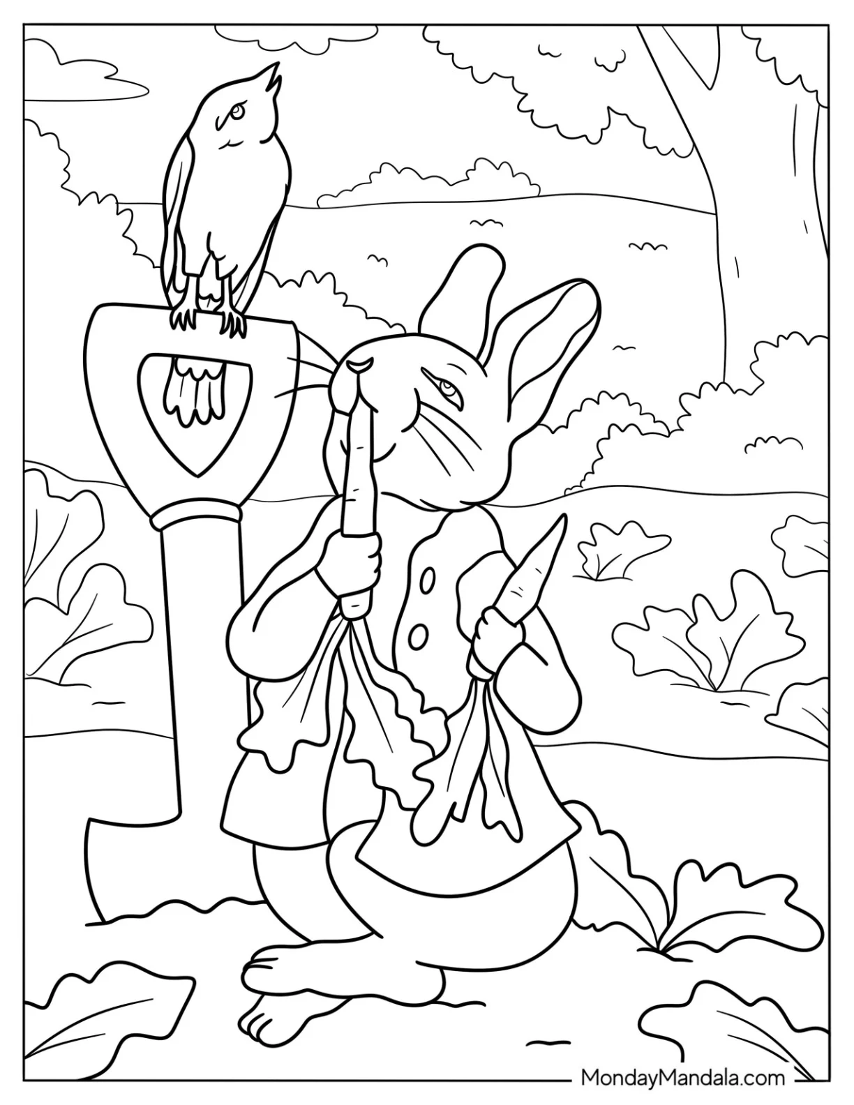 Rabbit Coloring Page Chewing On Carrots While Harvesting In A Farm coloring page