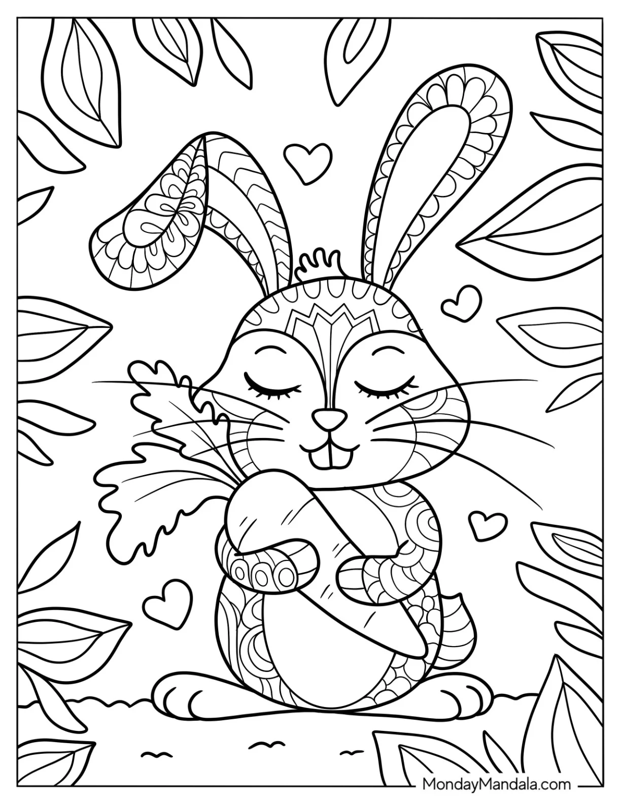 Rabbit Coloring Page Mandala Hugging A Carrot coloring page
