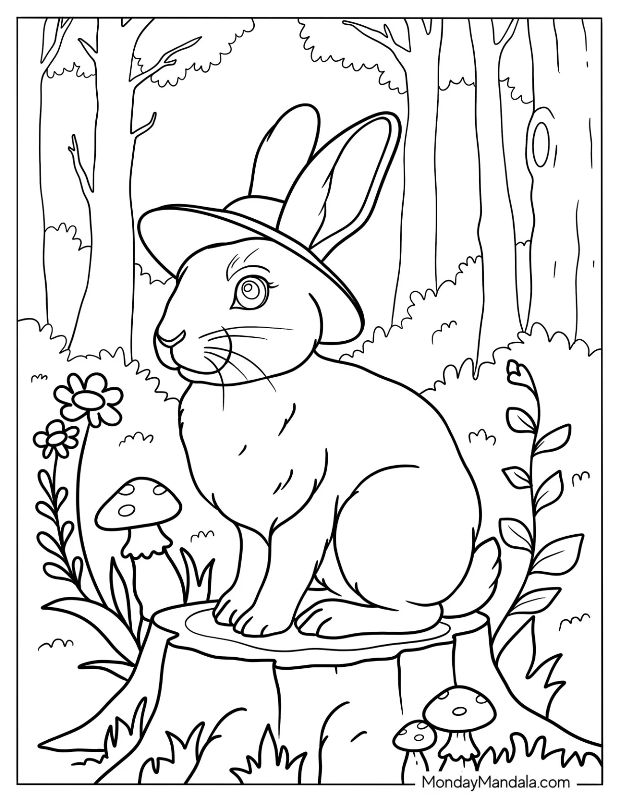 Rabbit Coloring Page With A Hat Sitting On A Tree Stump coloring page