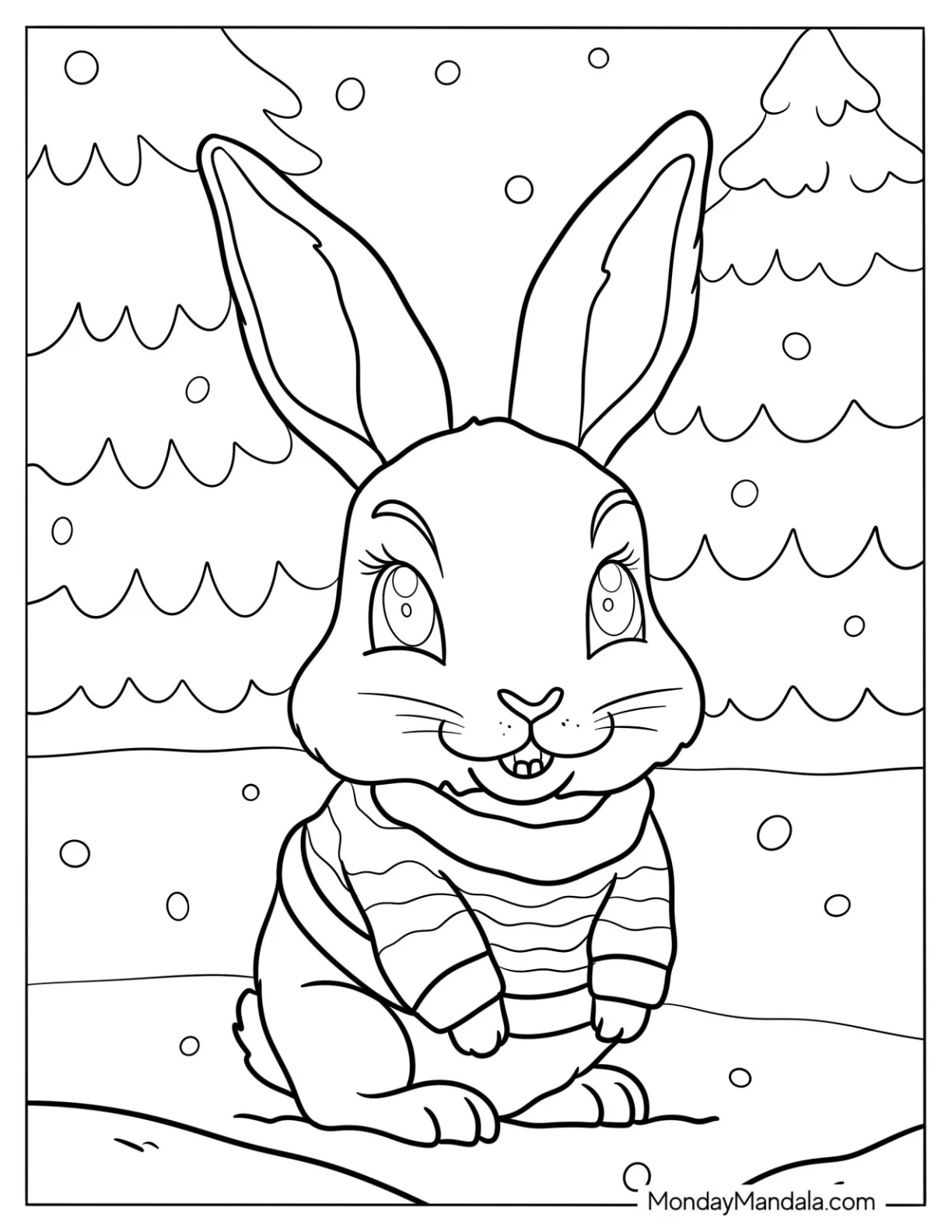 Smiling Rabbit Coloring Page In The Snow For Preschoolers coloring page — printable line art