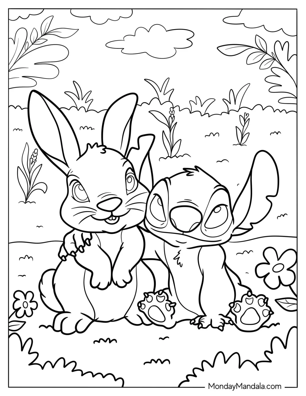 Stitch With His Arm Around A Rabbit Coloring Page coloring page — printable line art