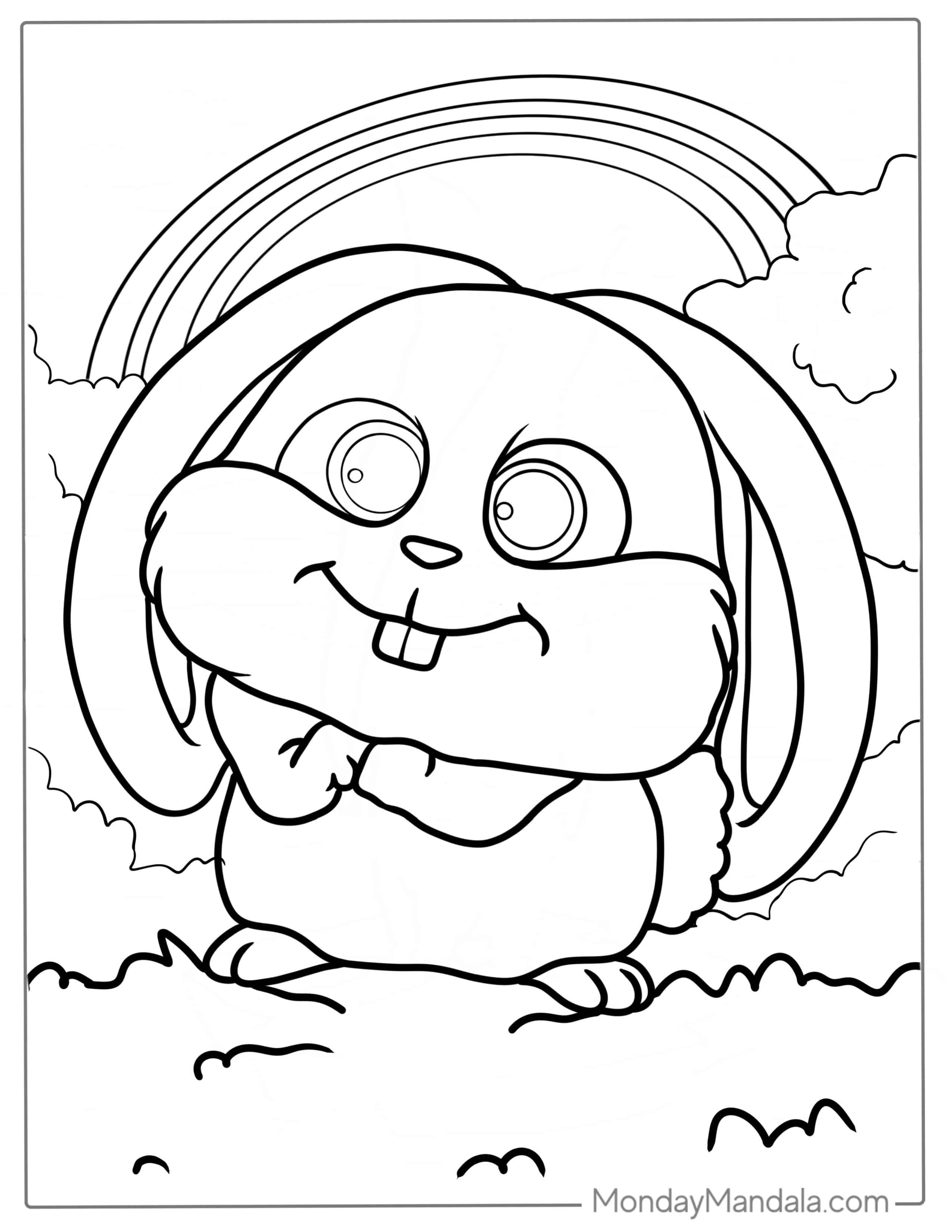 Super Cute Baby Rabbit With Big Teeth And Rainbow coloring page